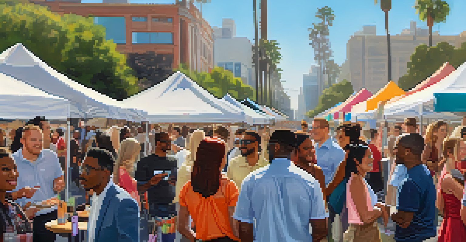 A diverse group of tech professionals networking outdoors at an event in Los Angeles, with food trucks and colorful decorations in the background.