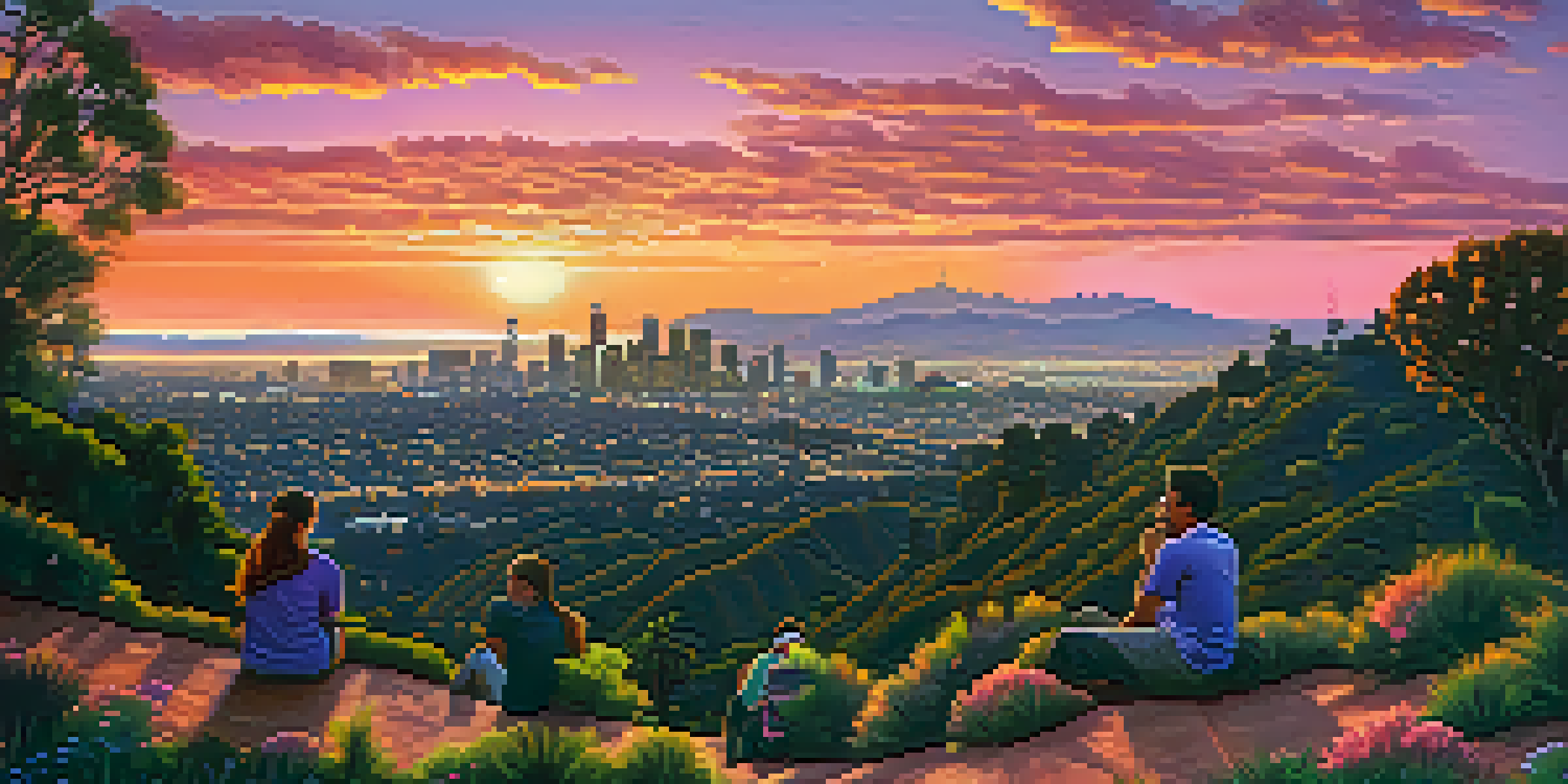 A scenic sunset view from Griffith Park with the Los Angeles skyline and Hollywood Sign, surrounded by lush greenery.