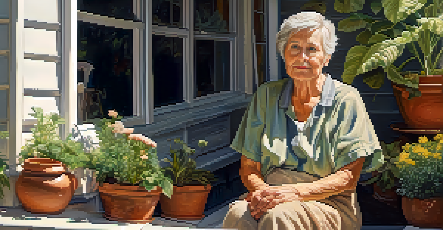 An elderly woman on her porch surrounded by flowers, with soft morning light highlighting her features.