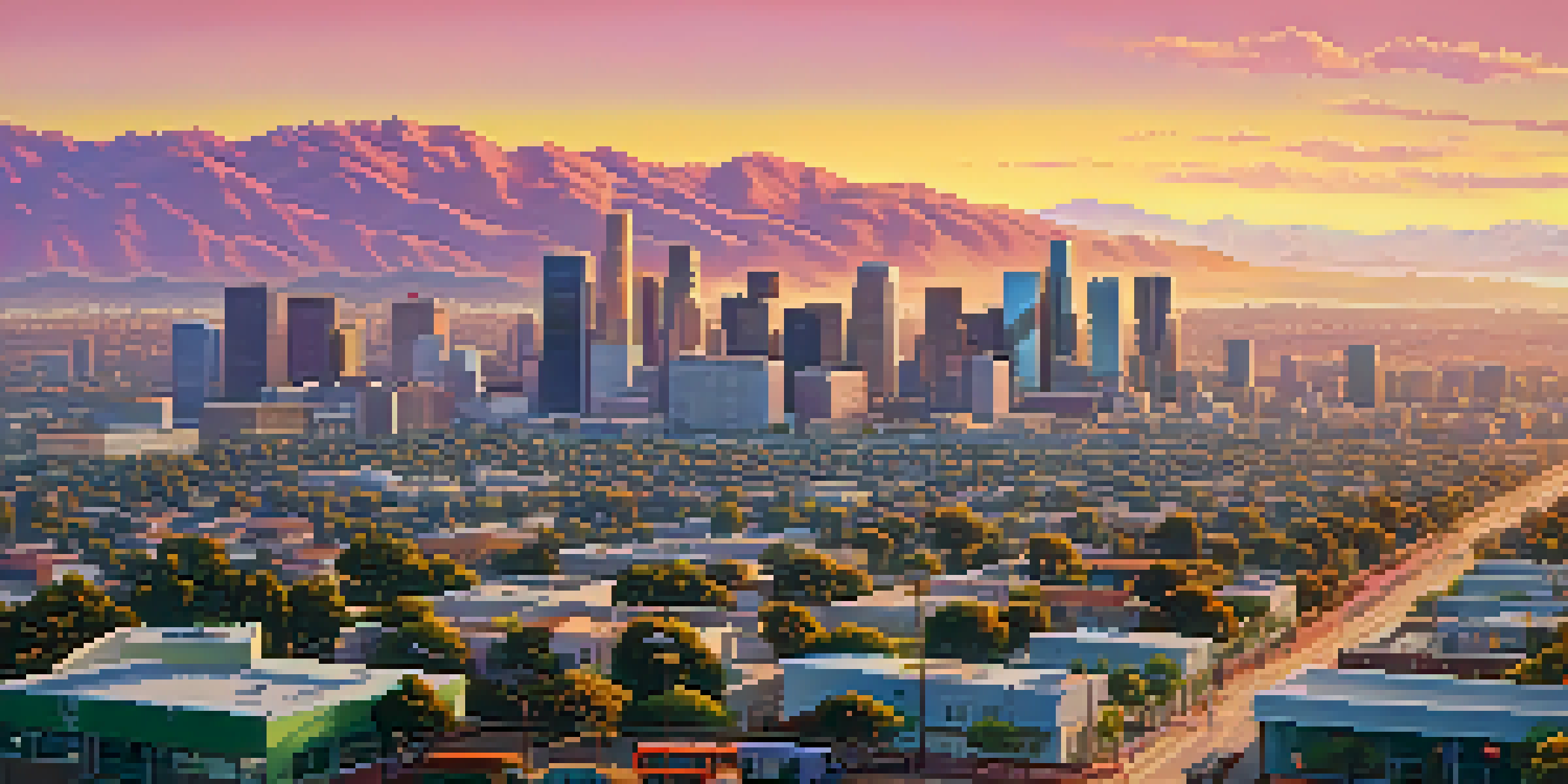 An aerial view of Los Angeles at sunset with a skyline, mountains, and smog, highlighting electric vehicles and green parks.