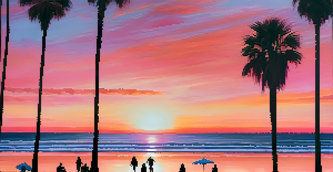 A beautiful sunset casting orange and pink colors over the ocean at Venice Beach, with palm trees and people walking on the shore.