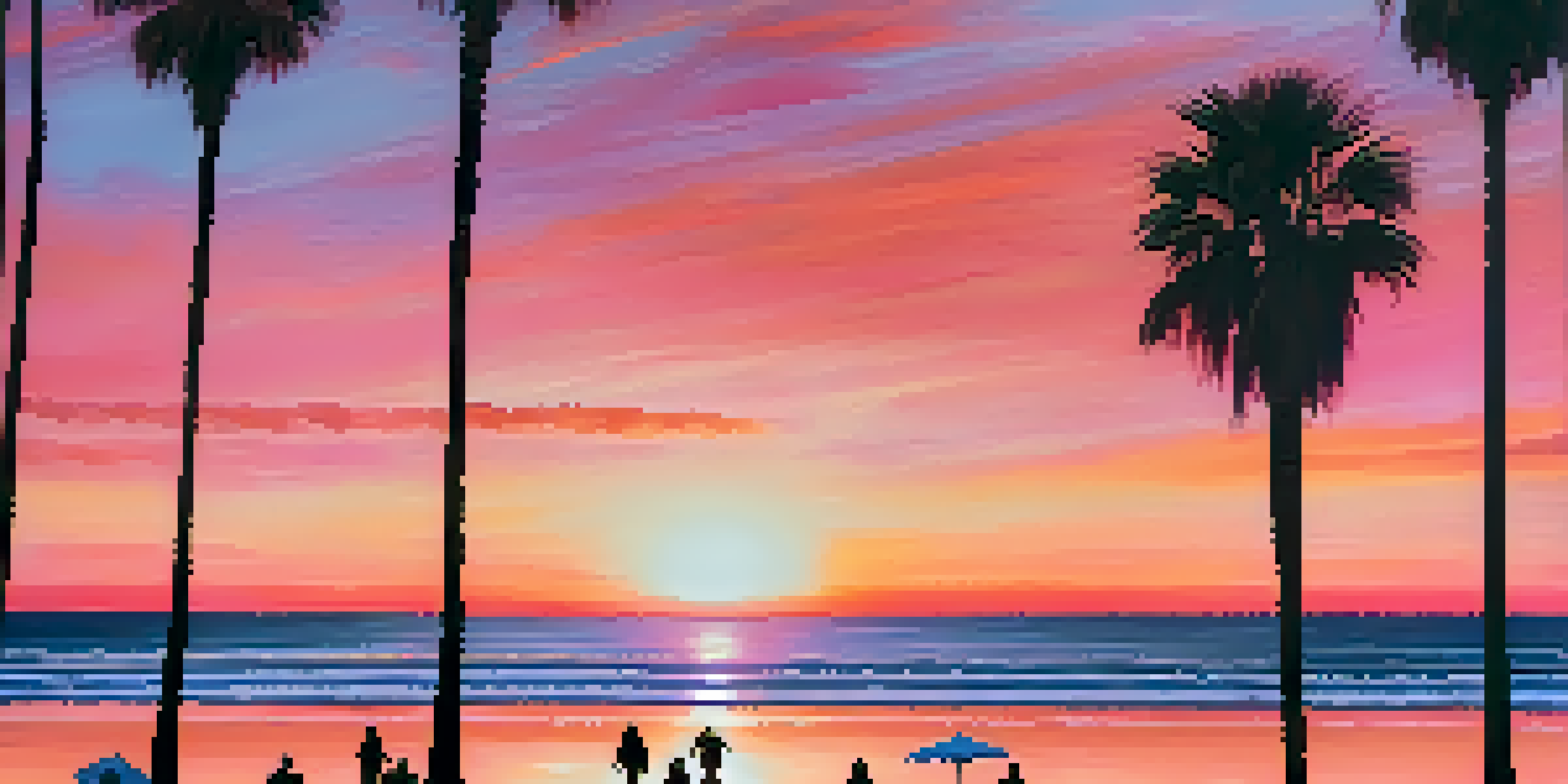 A beautiful sunset casting orange and pink colors over the ocean at Venice Beach, with palm trees and people walking on the shore.