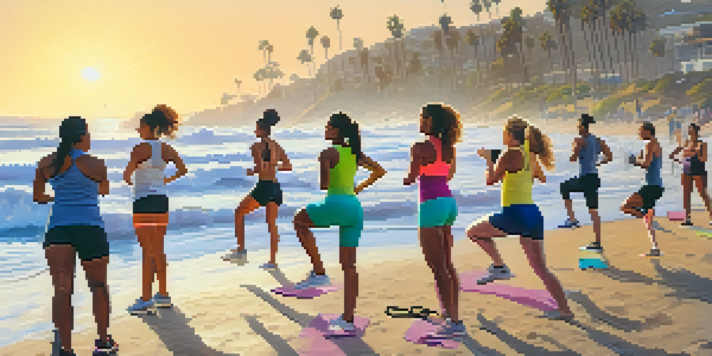 A diverse group of people participating in an outdoor fitness class on a sunny beach in Los Angeles, with the ocean in the background.