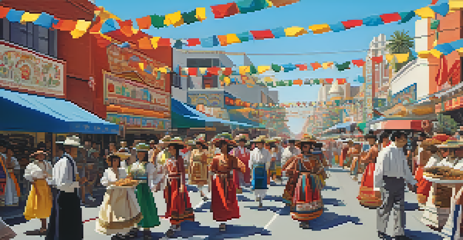 A colorful parade at a Los Angeles cultural festival with people in traditional clothing and food stalls.