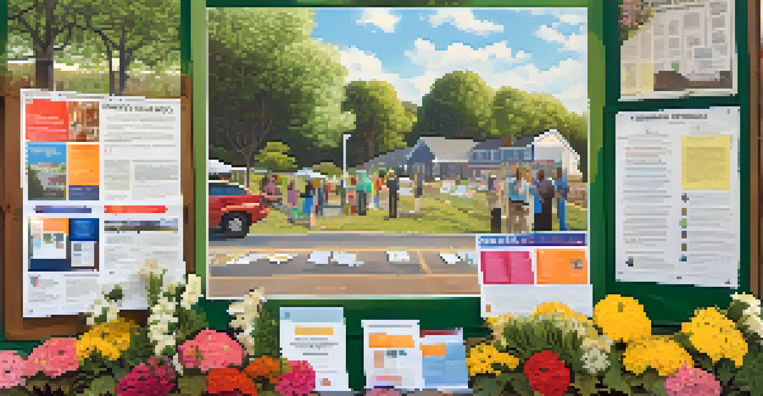 A community bulletin board filled with flyers about disaster preparedness, surrounded by flowers and people discussing the information.