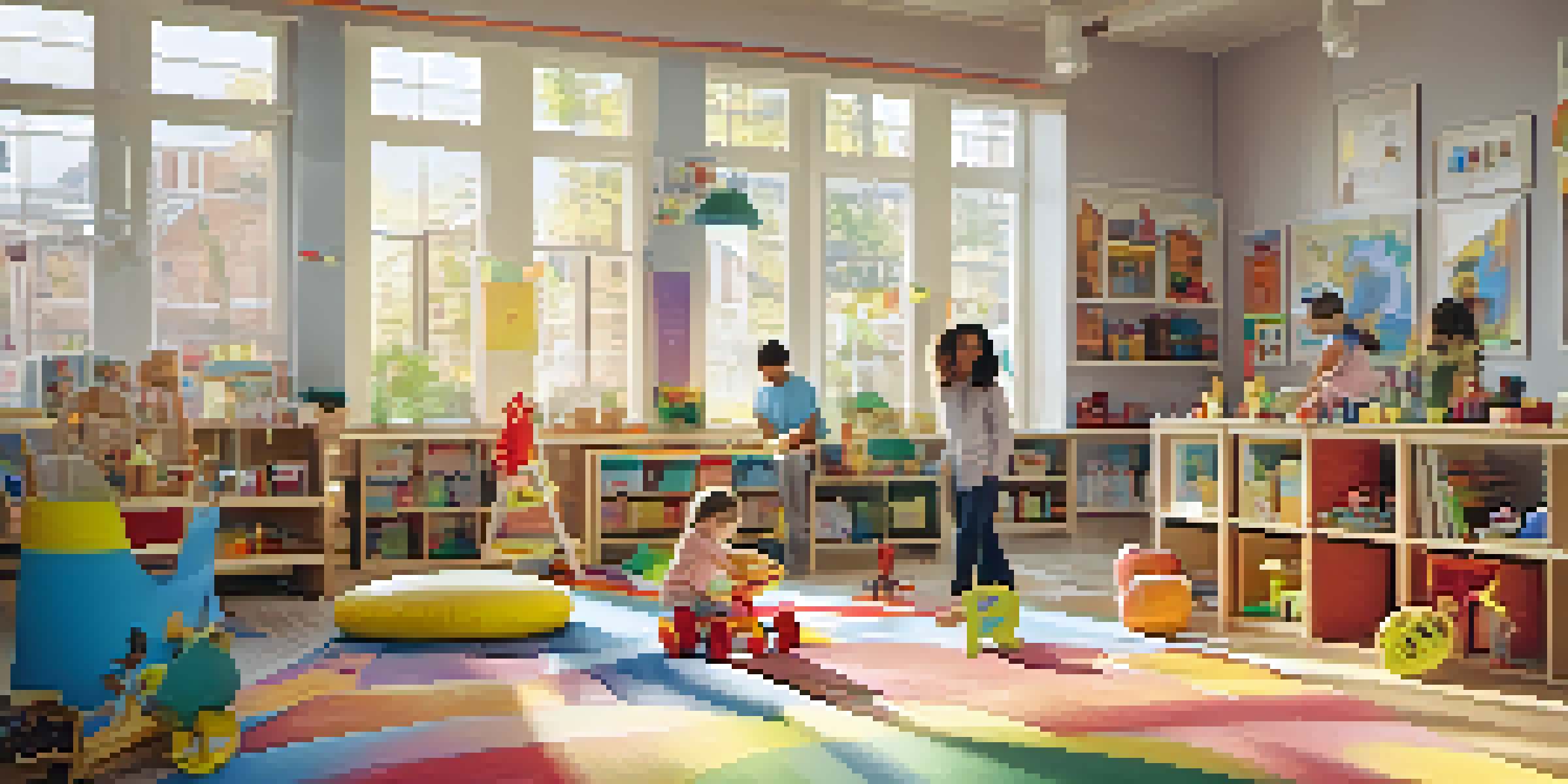 A lively childcare space where parents and children are involved in creative activities together, filled with toys and natural light.