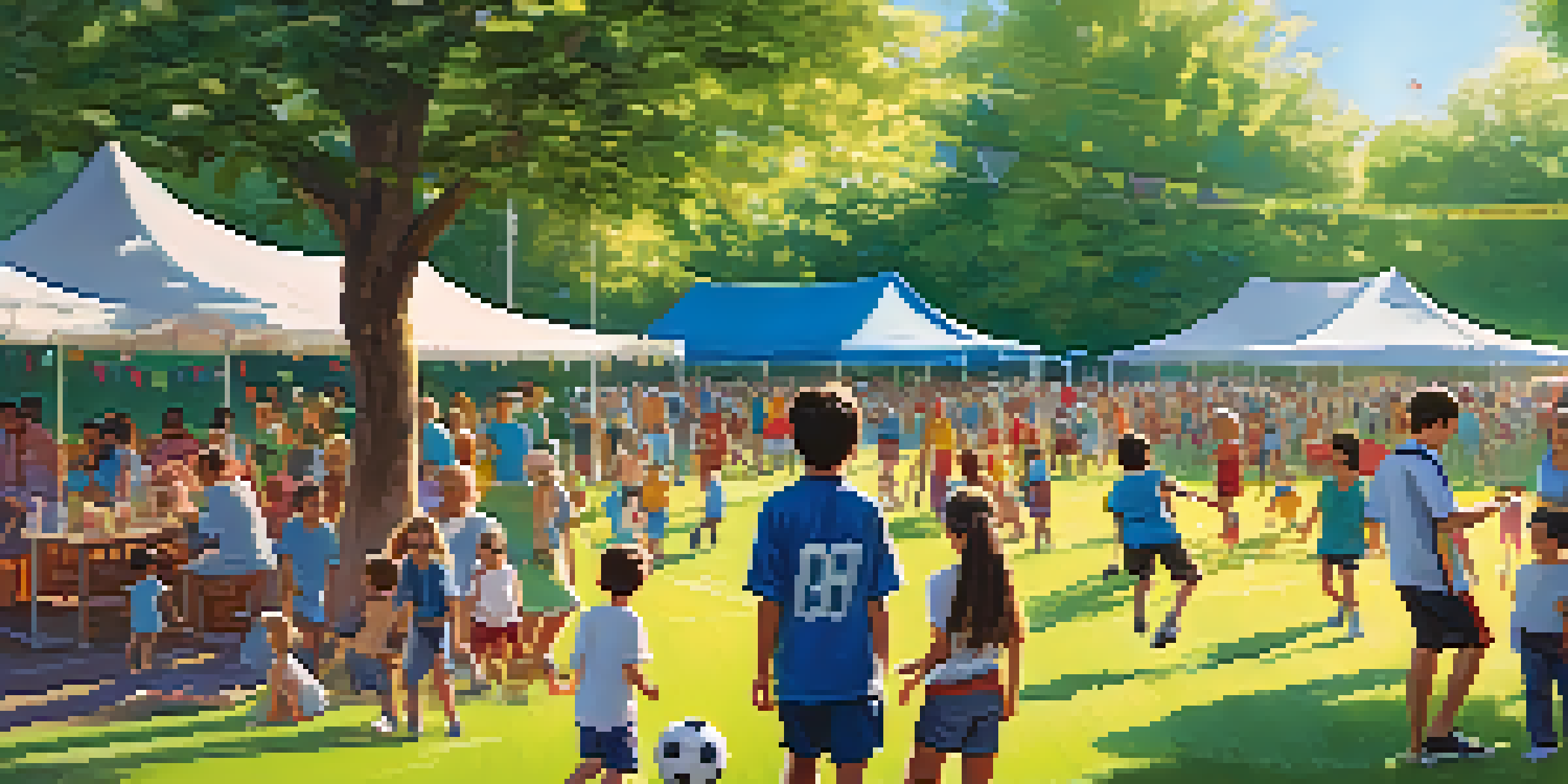 A lively community sports event in a park with families and children playing soccer, colorful banners, and people enjoying food.