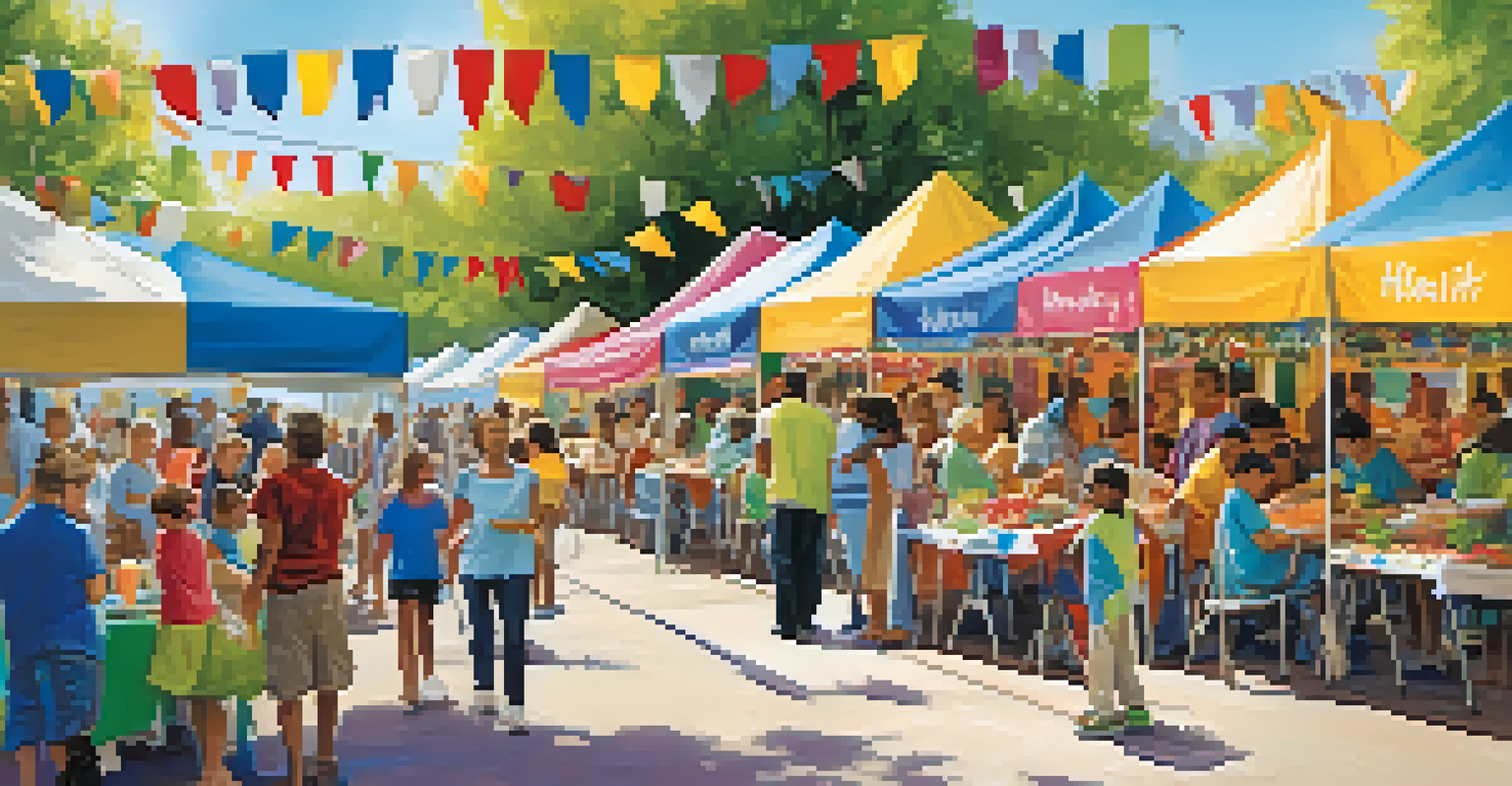 A lively outdoor community health event with booths, families, and health professionals providing information and activities.