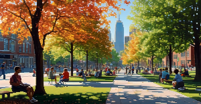 A lively urban park filled with various trees, sunlight filtering through leaves, and people enjoying outdoor activities, with a city skyline in the background.