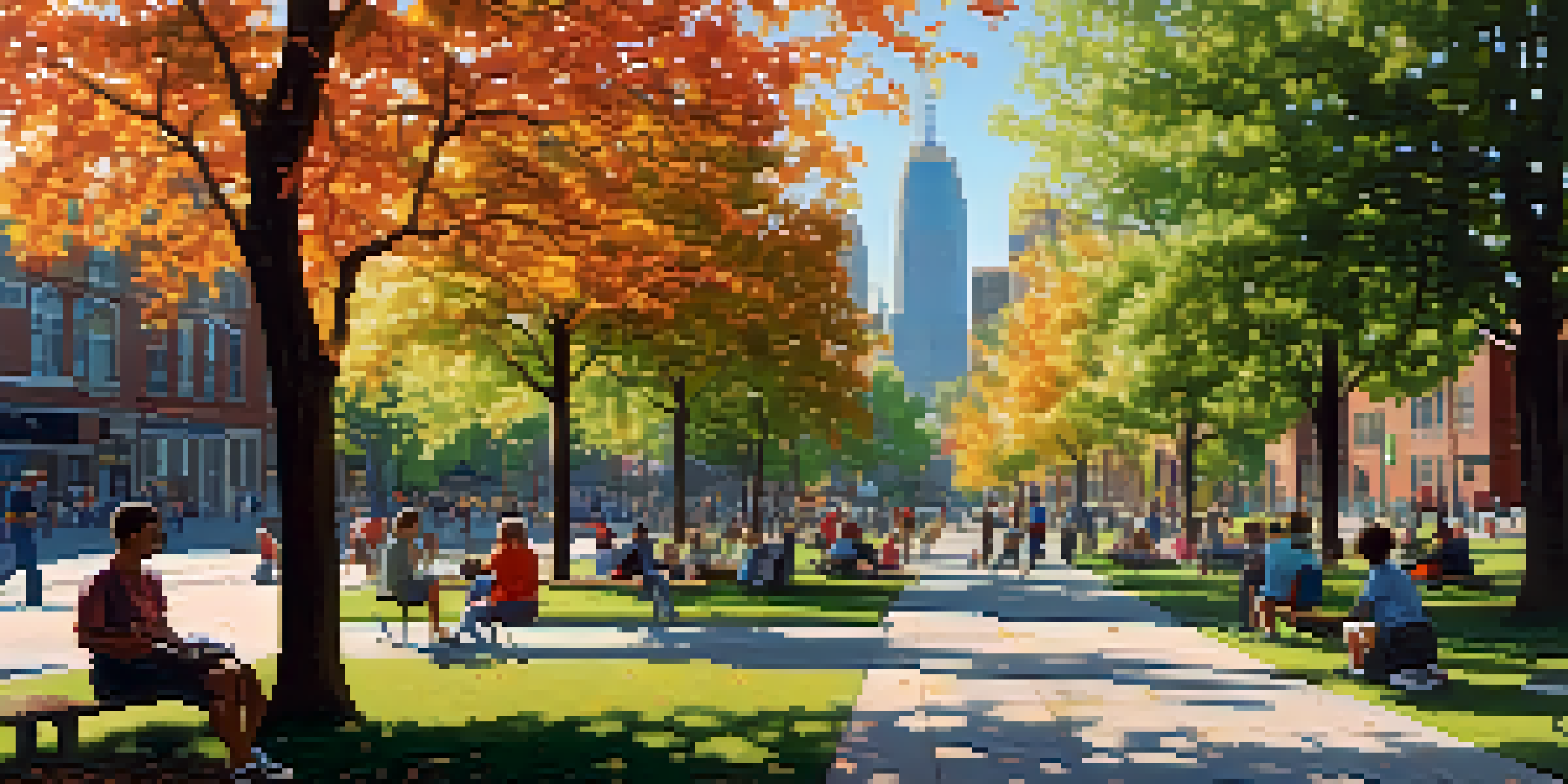 A lively urban park filled with various trees, sunlight filtering through leaves, and people enjoying outdoor activities, with a city skyline in the background.
