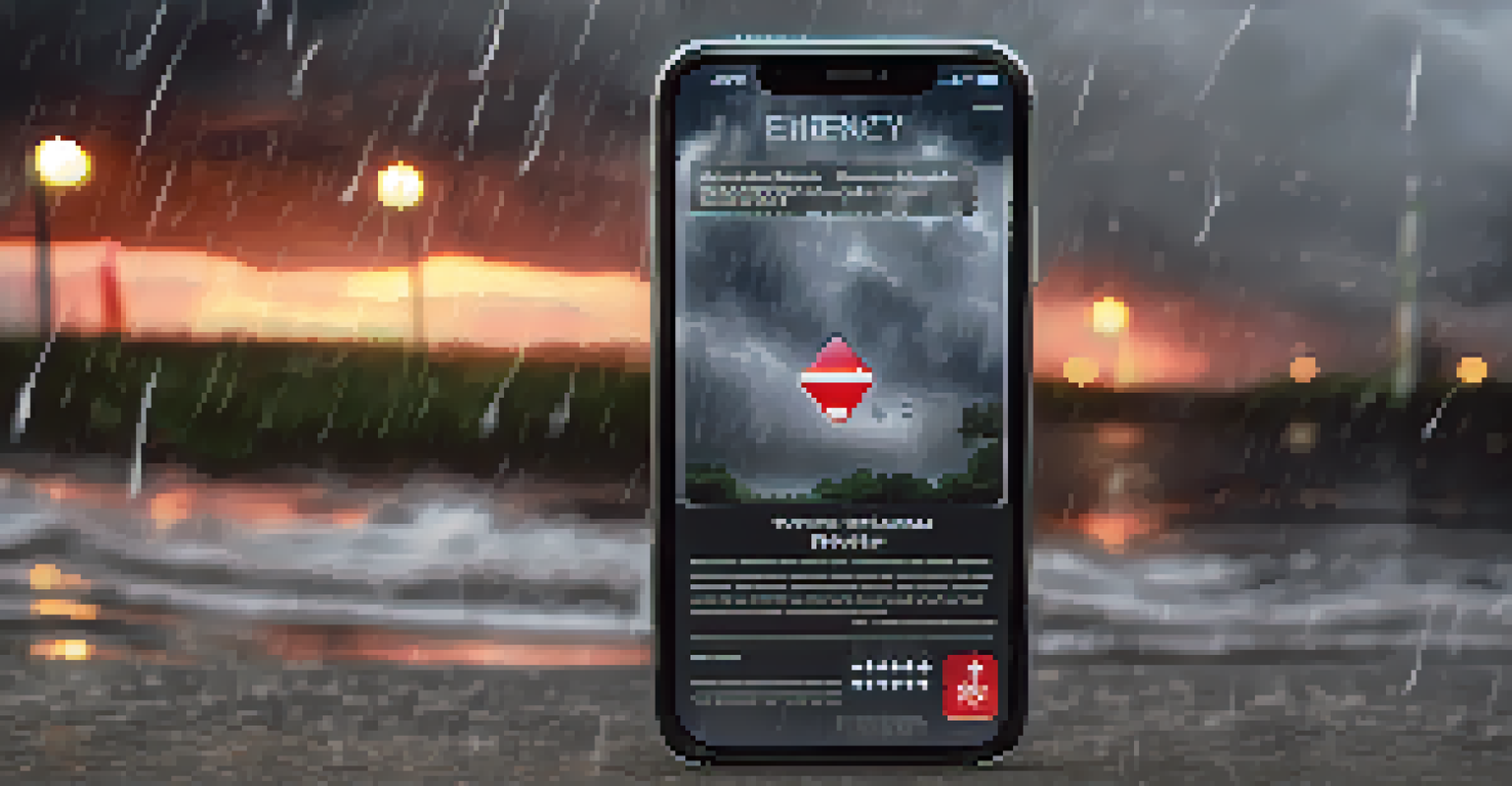Close-up of a smartphone displaying an emergency alert app during a storm, with a blurred stormy sky in the background.