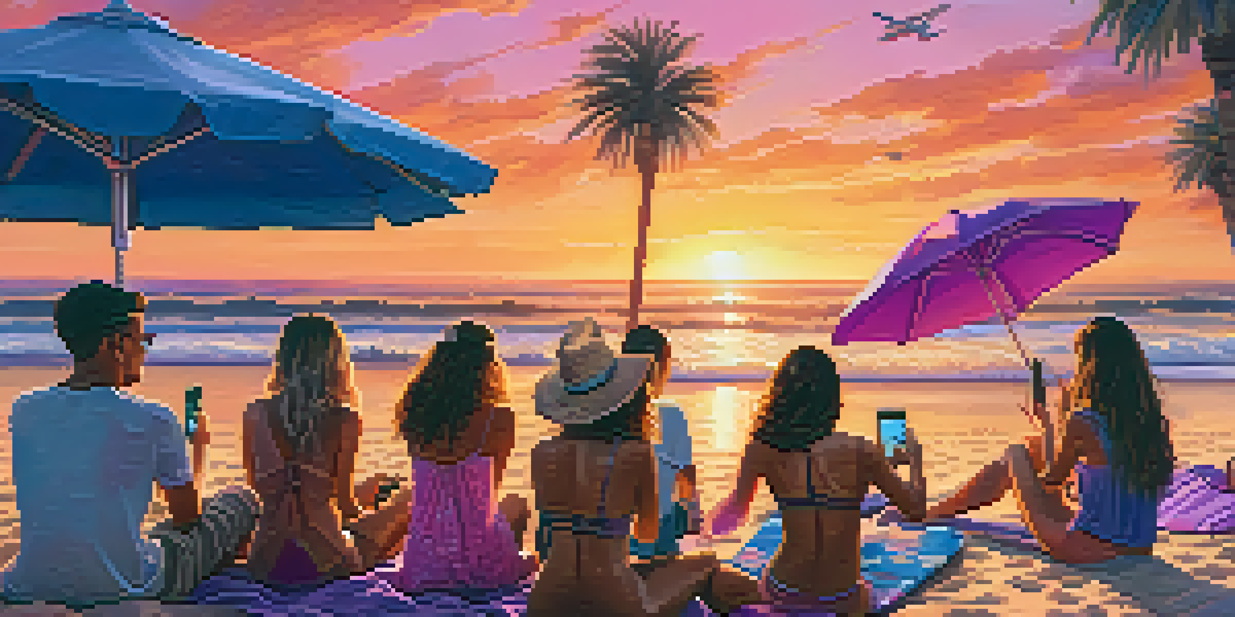 A colorful beach scene in Los Angeles at sunset with influencers taking selfies among palm trees and beach umbrellas.