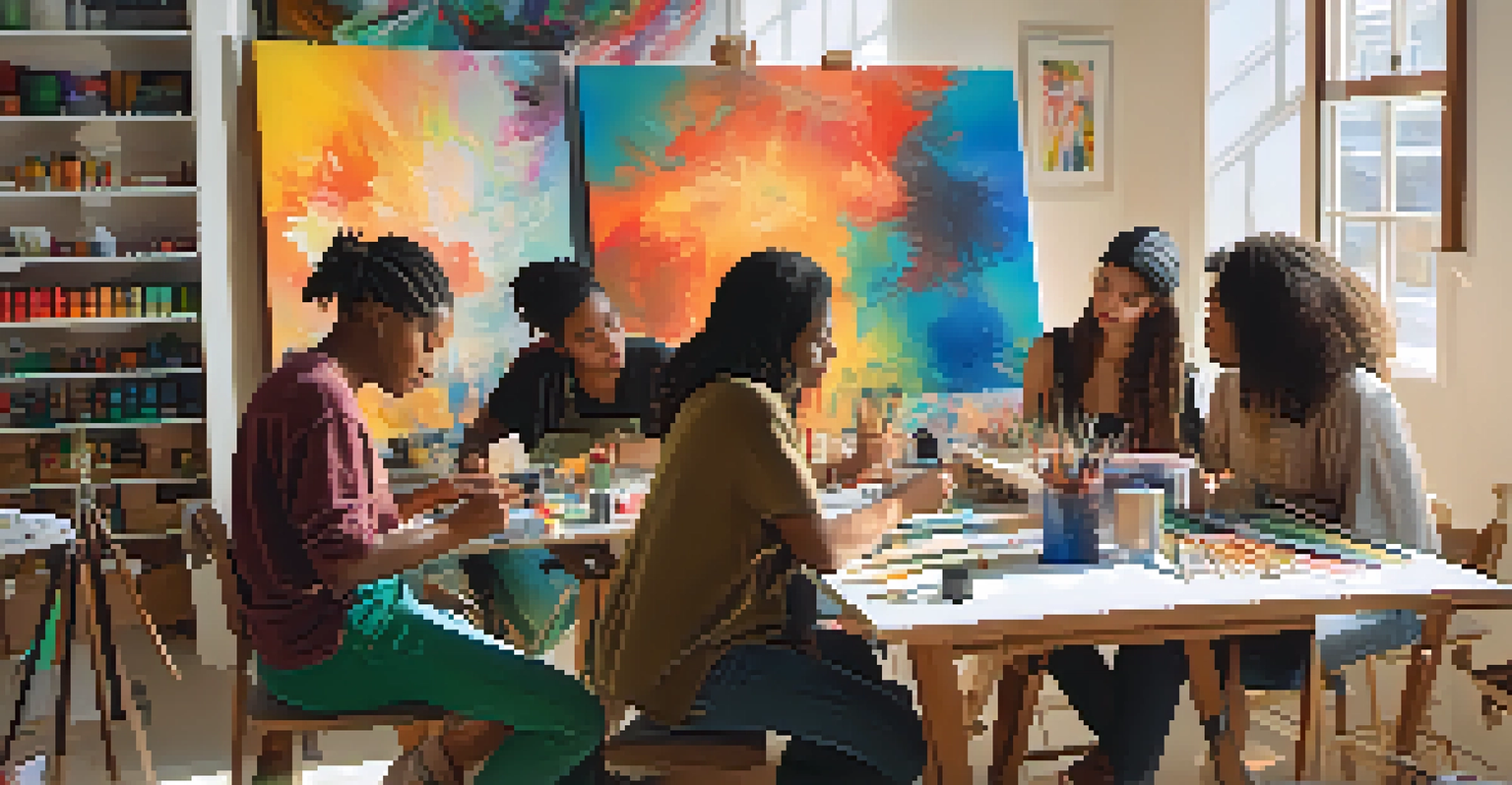 A sunlit artist studio with a diverse group of emerging artists collaborating on their artworks amidst vibrant supplies and colorful paintings.