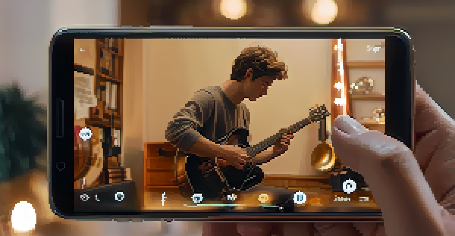 A close-up of a smartphone showing a YouTube music video, set against a cozy room filled with musical instruments.