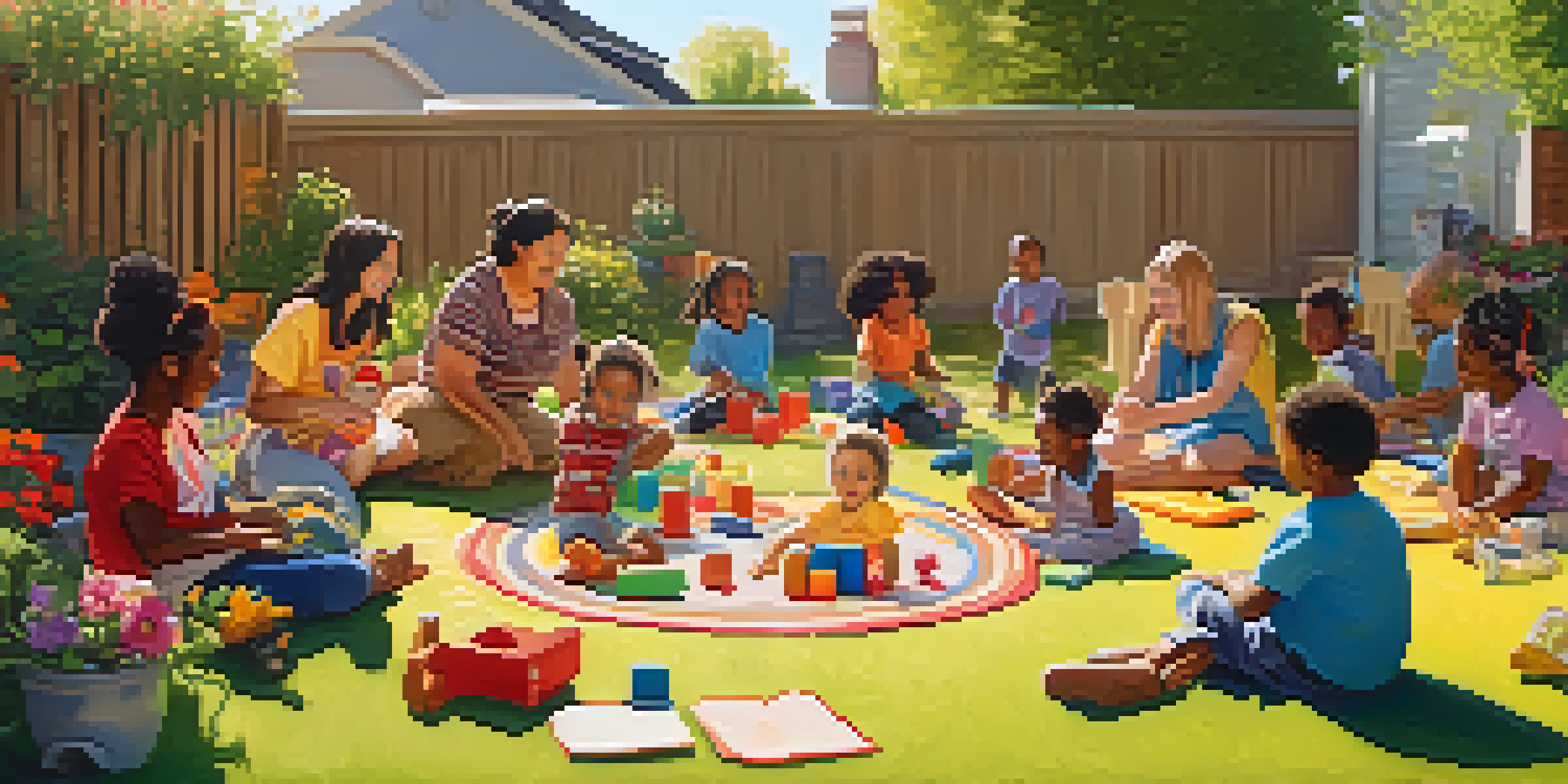 A diverse group of parents caring for children in a sunny backyard, showcasing community support and interaction.