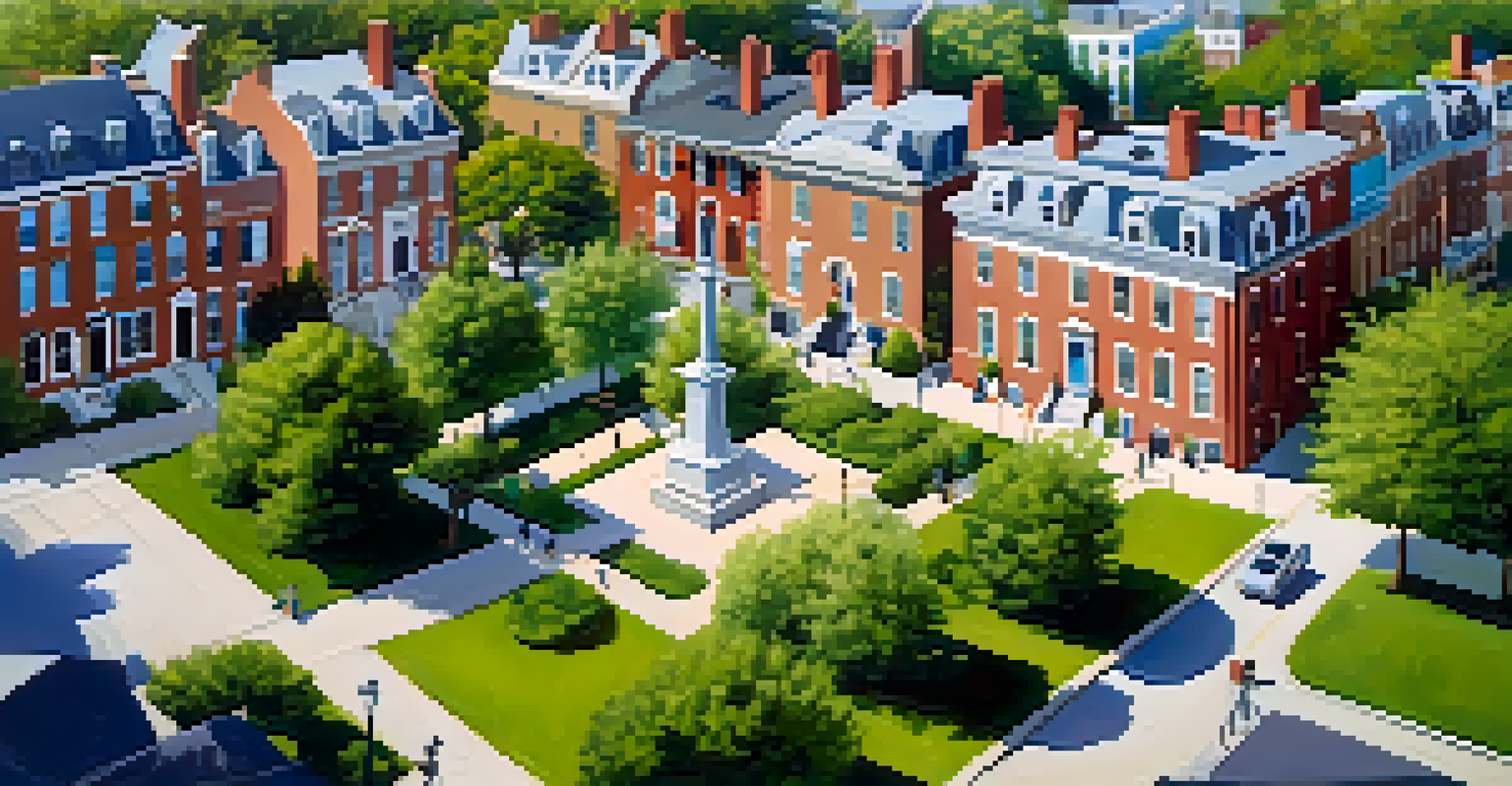 Aerial view of Louisburg Square in Beacon Hill, highlighting the beautiful architecture and lush park with people relaxing.
