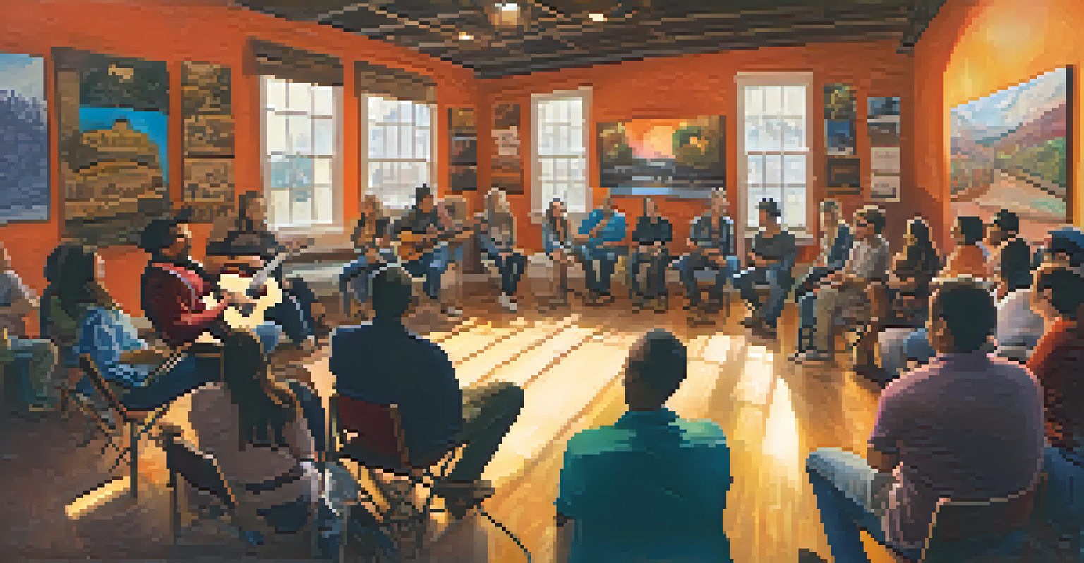 A music workshop at a local festival, with an artist teaching guitar techniques to an attentive audience in a warm, colorful environment.