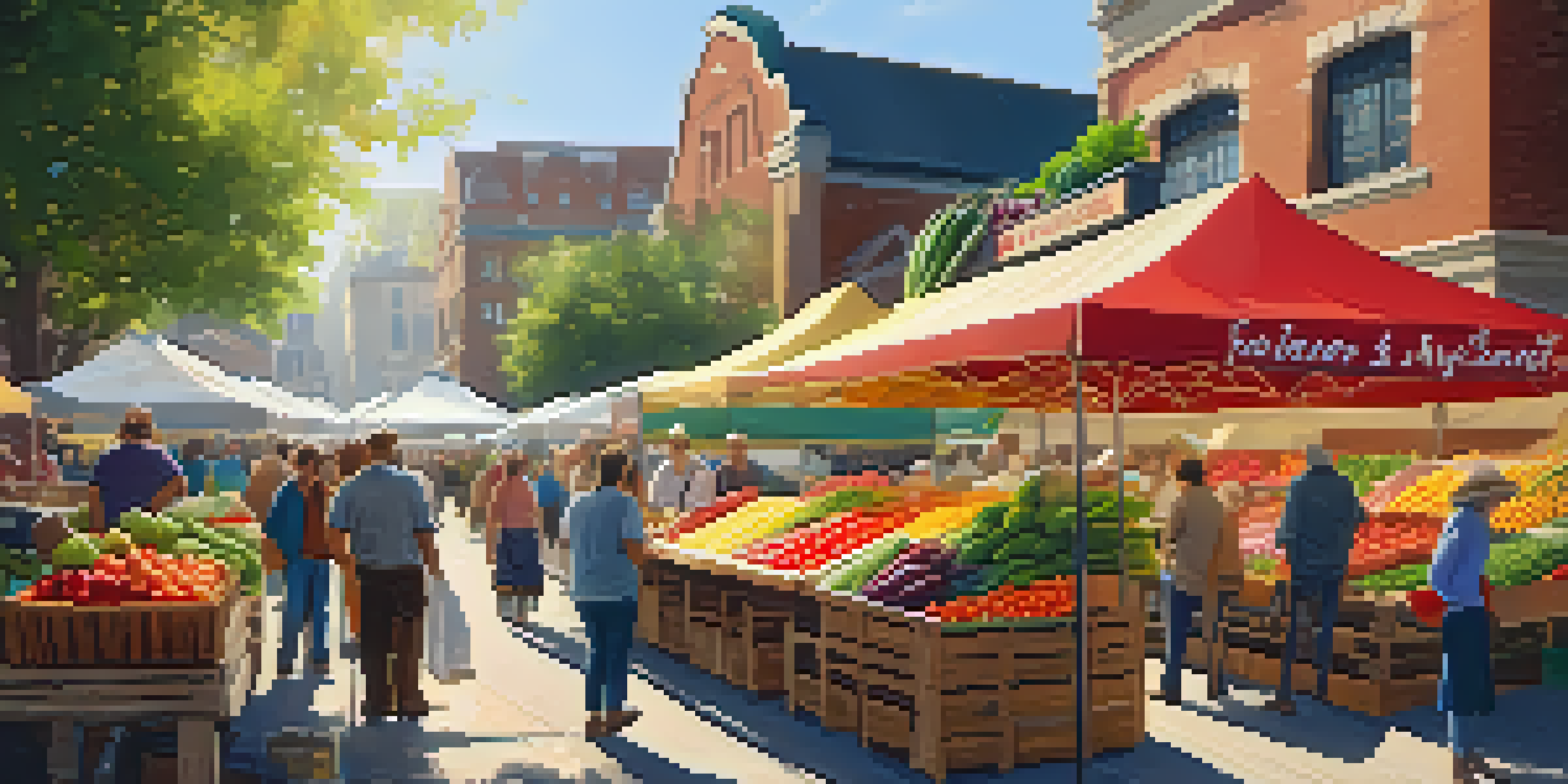 A lively farmers' market with colorful produce stalls, shoppers, and a sunny atmosphere.