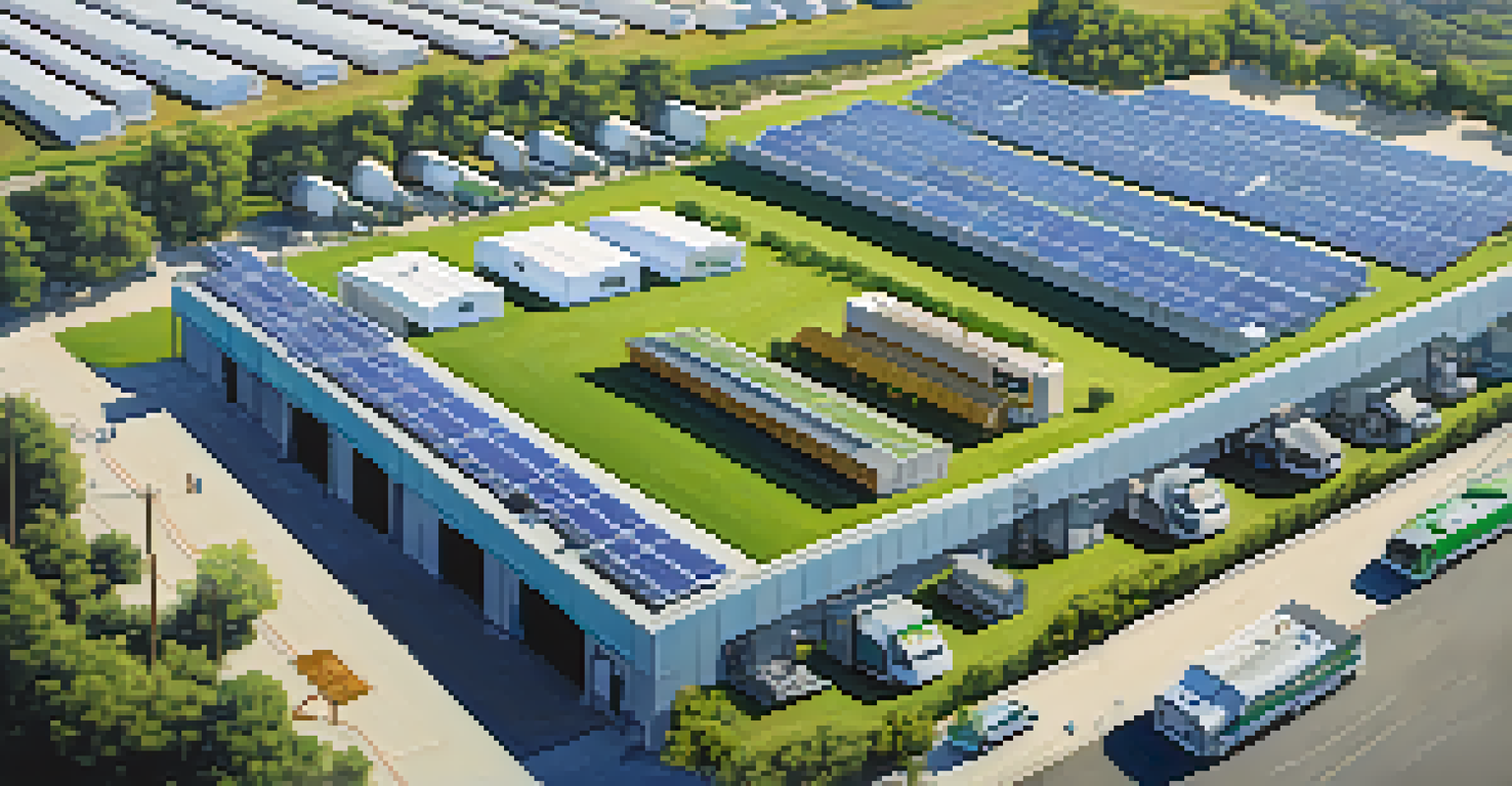 An aerial view of a sustainable factory in Los Angeles with solar panels and electric vehicles, surrounded by green spaces.