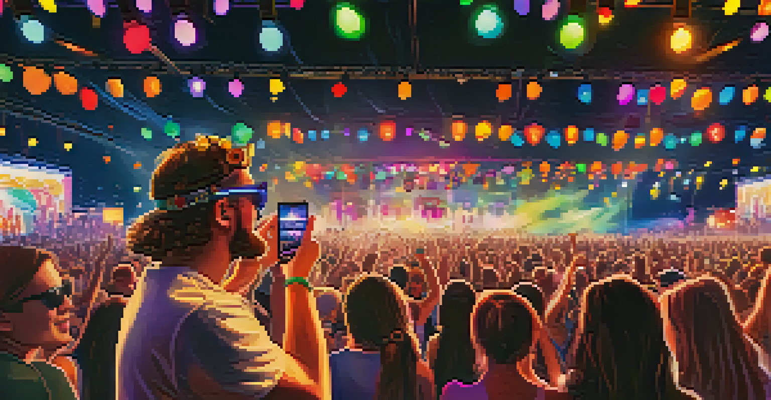 A festival-goer taking a photo with a smartphone during a live performance, surrounded by a vibrant crowd and colorful lights.
