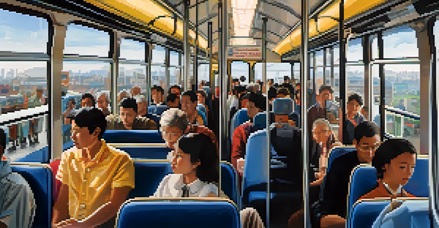 The interior of a crowded bus filled with diverse commuters, showcasing a communal atmosphere.