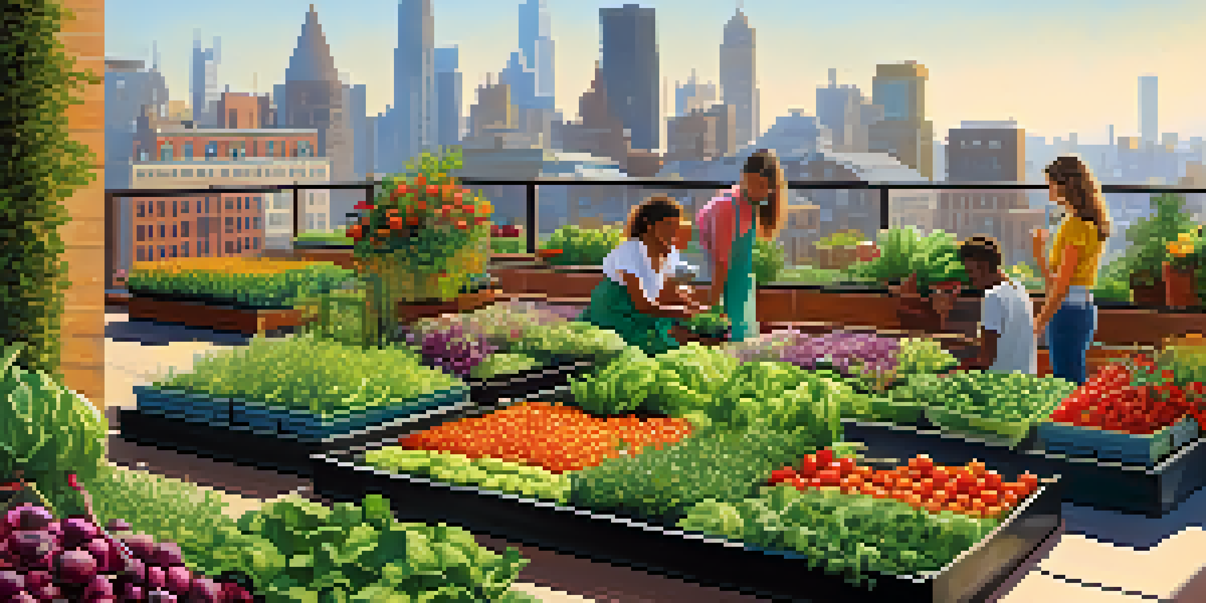 A rooftop garden in an urban setting, featuring colorful vegetables and flowers with people gardening against a city skyline.