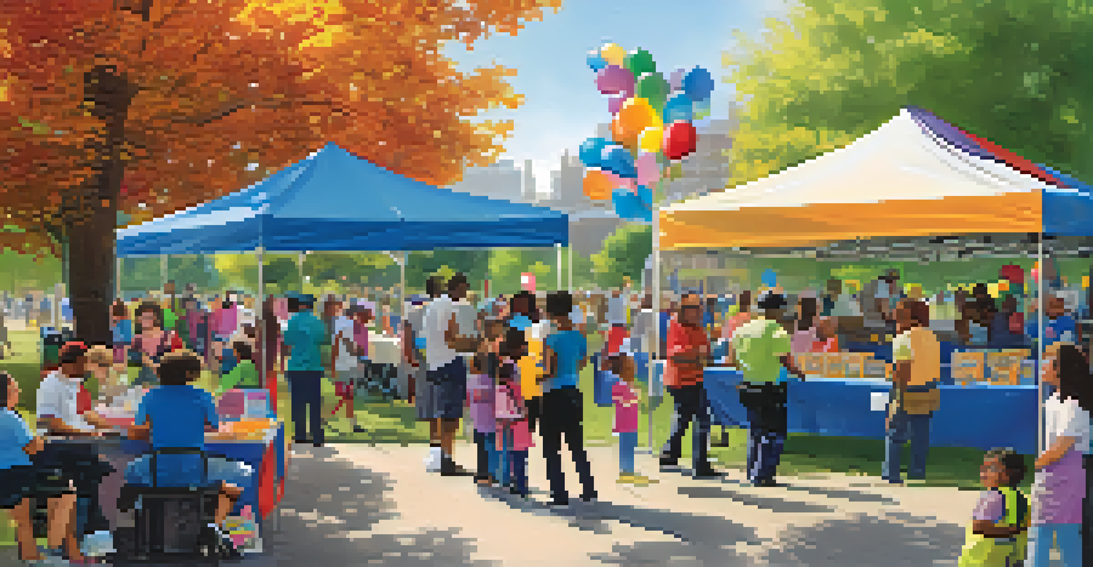 A vibrant community resource fair in a park, with families engaging with various booths and activities for children, under a sunny sky.