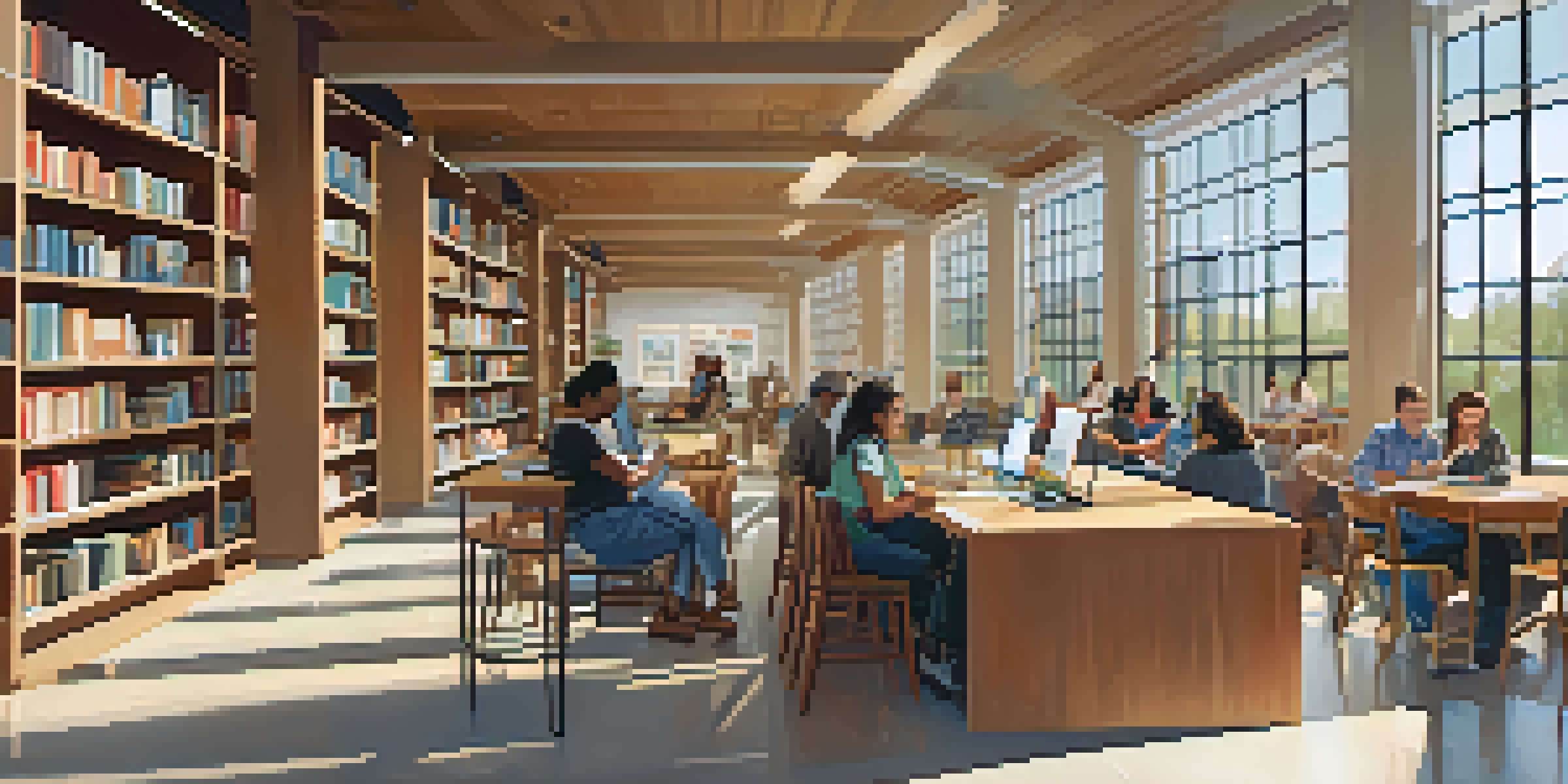 A bright and inviting library interior with people reading, attending workshops, and using technology, showcasing a warm atmosphere filled with books and natural light.