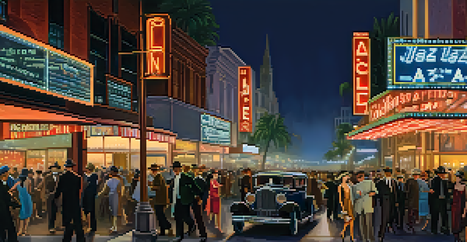 A vibrant street view of 1920s Los Angeles nightlife, featuring jazz clubs with neon lights and diverse crowds enjoying the music.