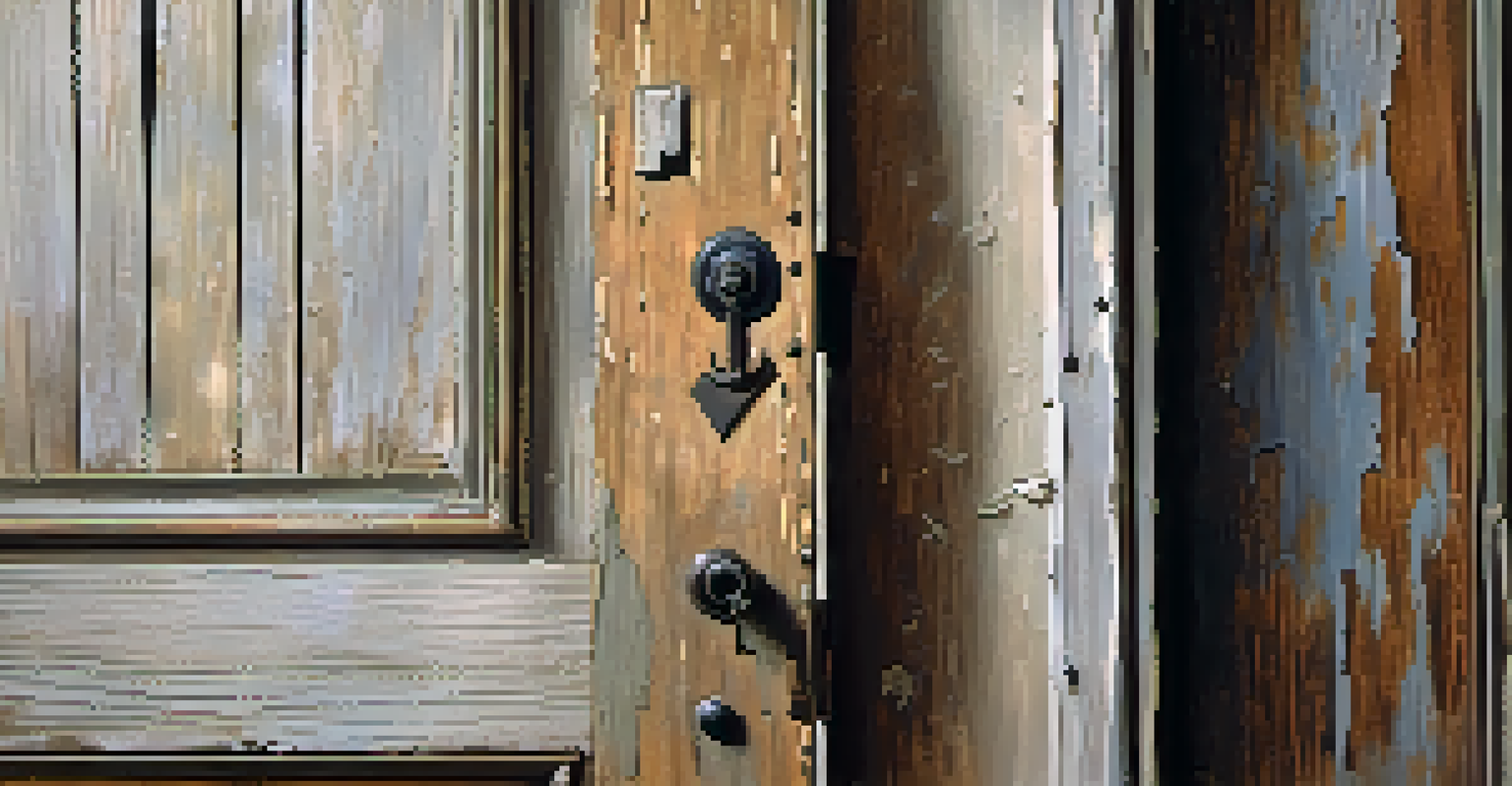 A close-up of a weathered door with intricate wood grain and faded paint, softly illuminated by light filtering through a broken window.