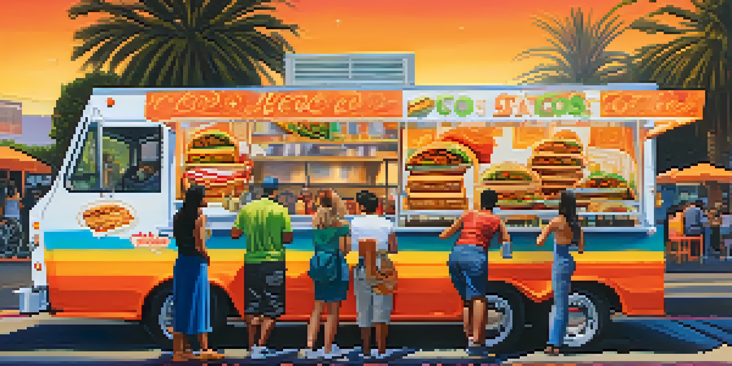 A colorful food truck serving gourmet tacos and fusion pastries, with people enjoying their meals under a sunset in Los Angeles.