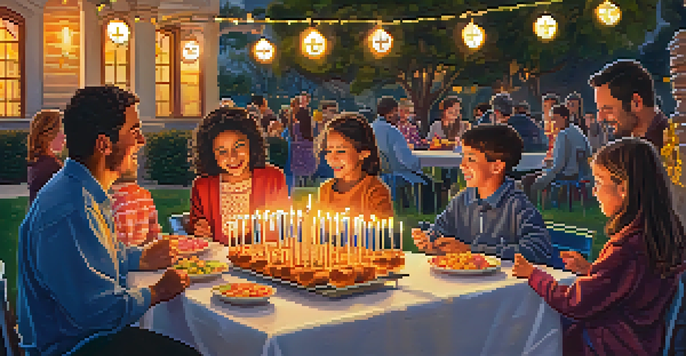 Families gathered in a park celebrating Hanukkah, lighting a menorah with joyful expressions and festive decorations.