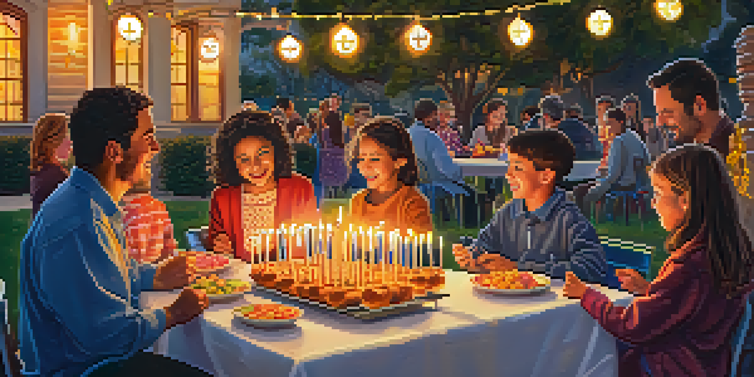 Families gathered in a park celebrating Hanukkah, lighting a menorah with joyful expressions and festive decorations.