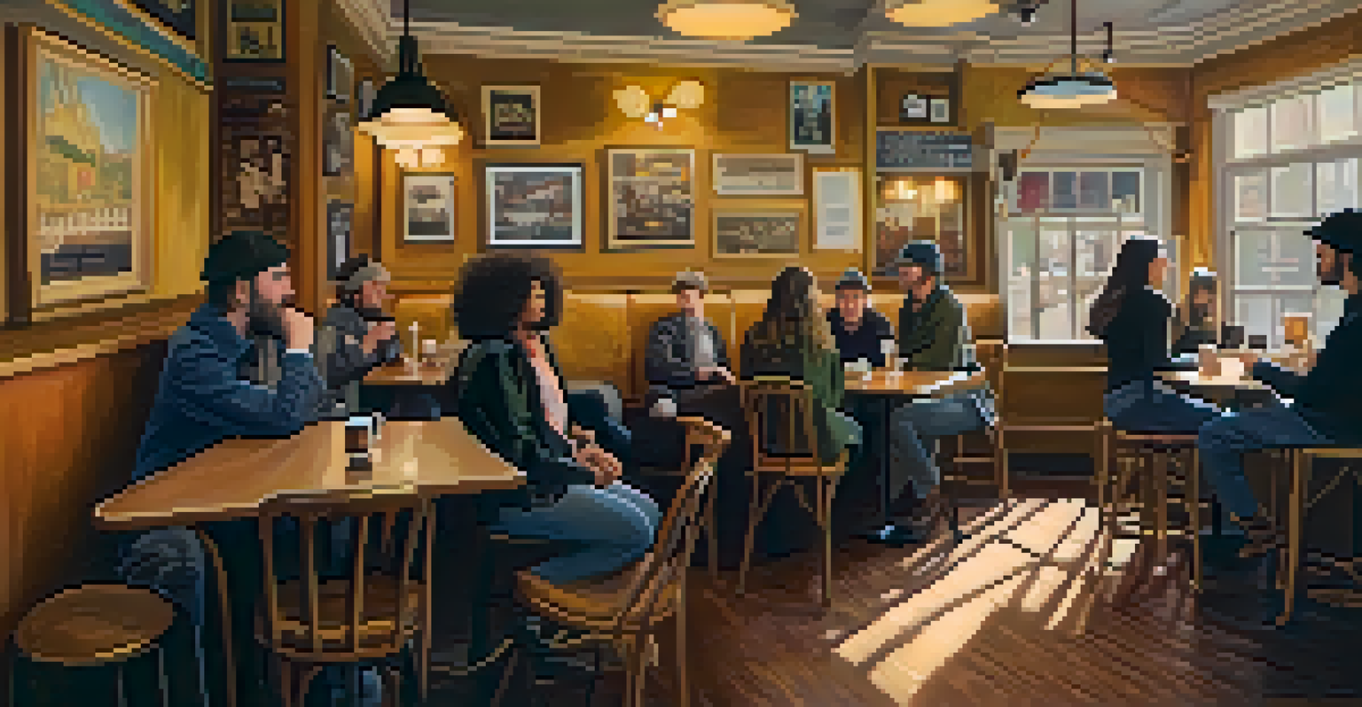 A cozy coffee house in Haight-Ashbury with warm lighting, wooden furniture, and people engaged in conversation, suggesting a vibrant artistic community.