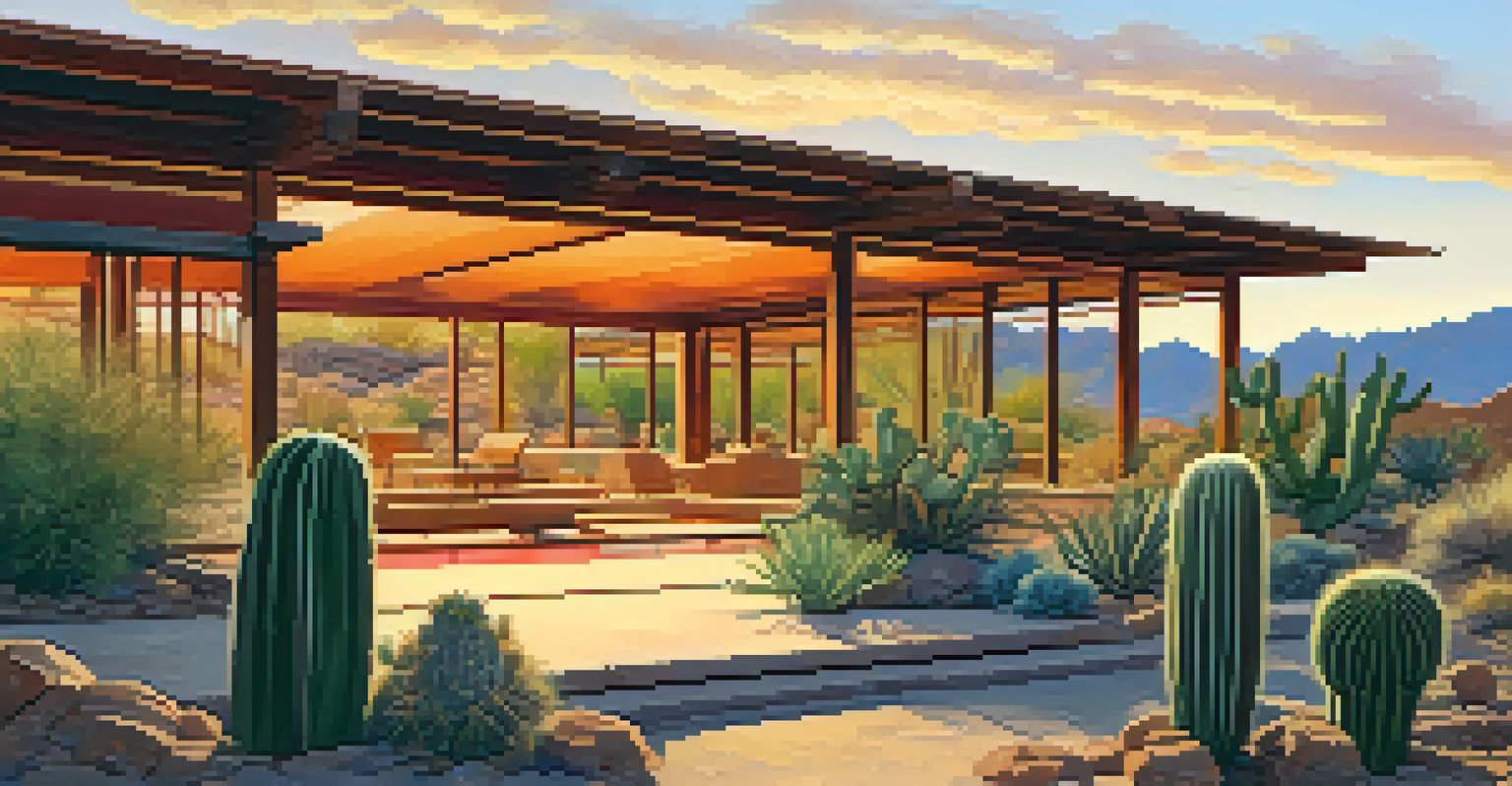 Outdoor view of Taliesin West at sunset, highlighting its integration with the desert environment.