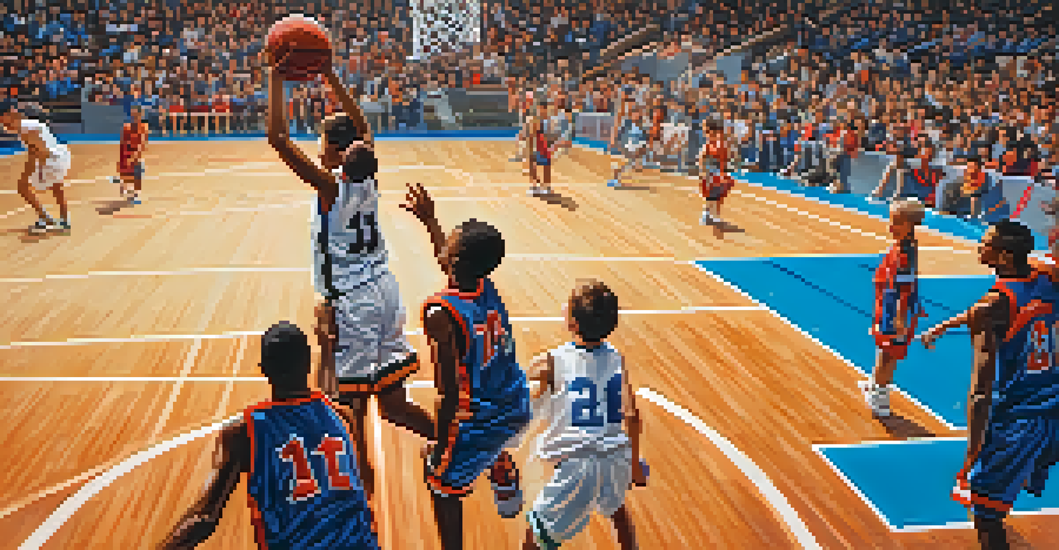 A young basketball player in mid-air attempting a dunk during a game, with spectators in the background.