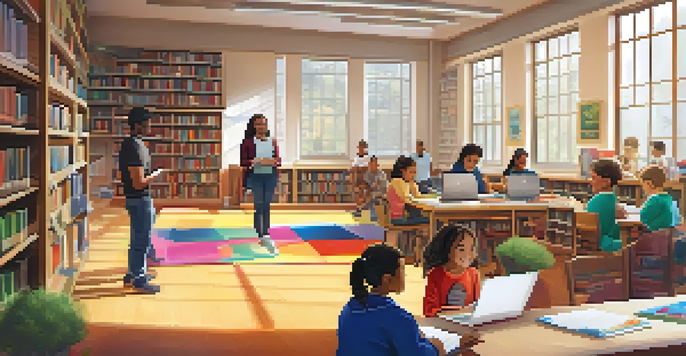 A lively library scene showcasing children in a coding workshop and adults engaged in discussions, with warm lighting and colorful bookshelves.