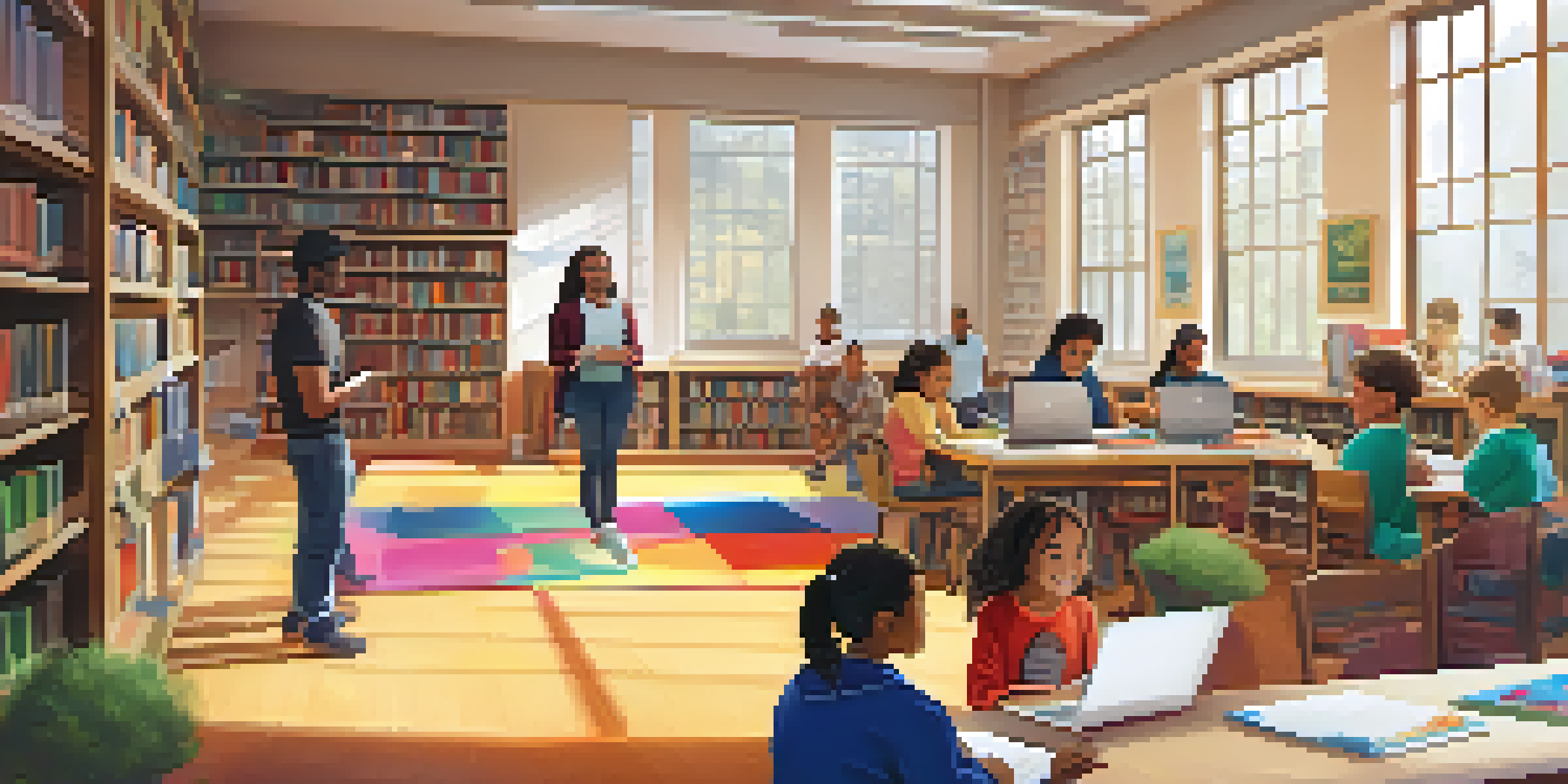 A lively library scene showcasing children in a coding workshop and adults engaged in discussions, with warm lighting and colorful bookshelves.