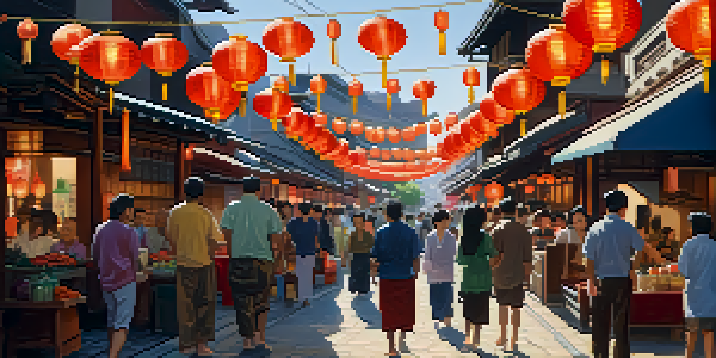 A colorful street market in Little Tokyo with traditional Japanese lanterns and vendors selling kimonos and sushi, filled with people interacting.