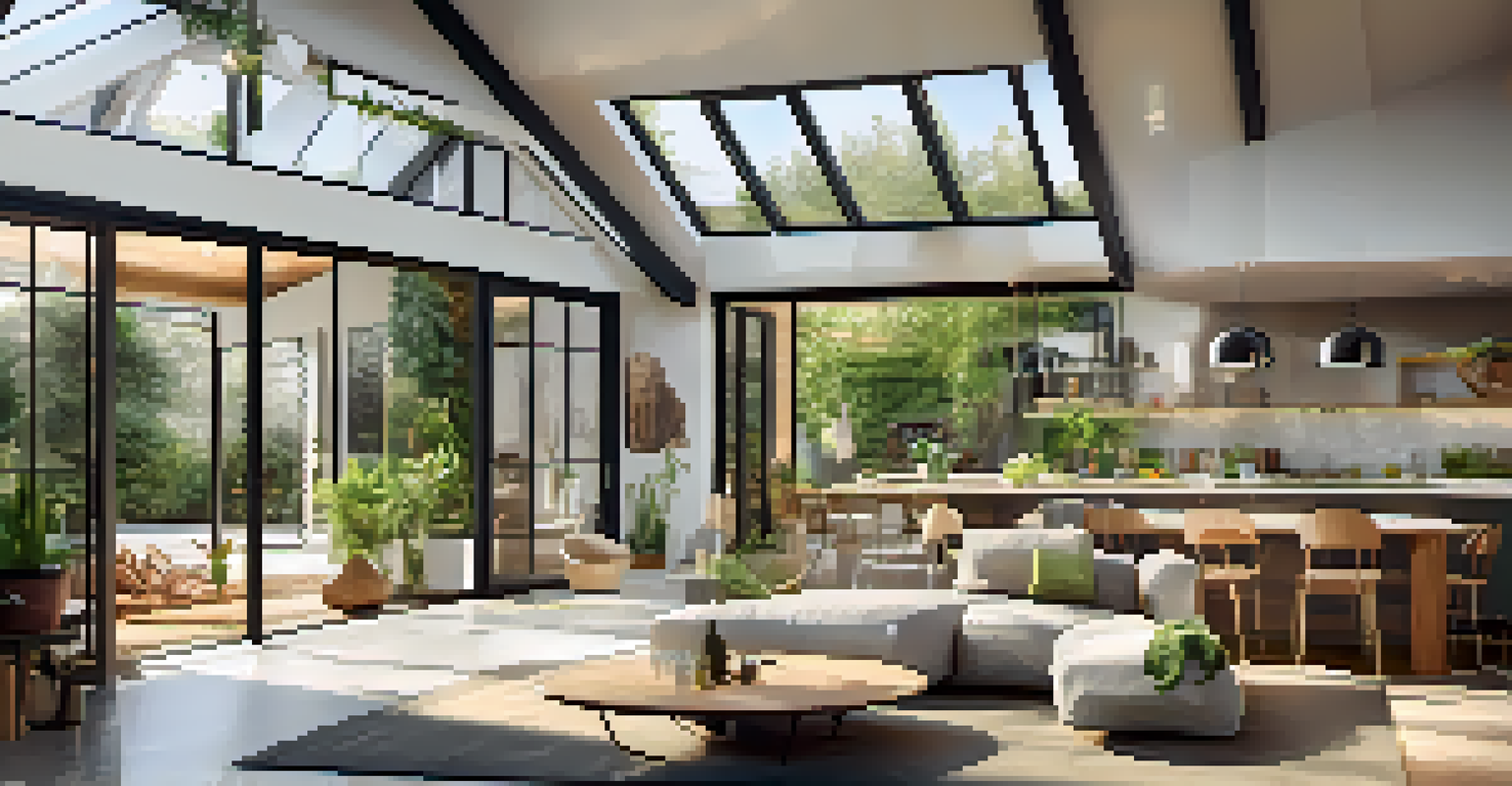 A modern living room in a contemporary home with eco-friendly features and sunlight streaming through large windows.