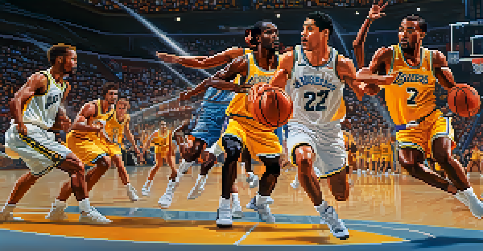 An intense basketball game in Los Angeles with players in motion and enthusiastic fans in a brightly lit arena.