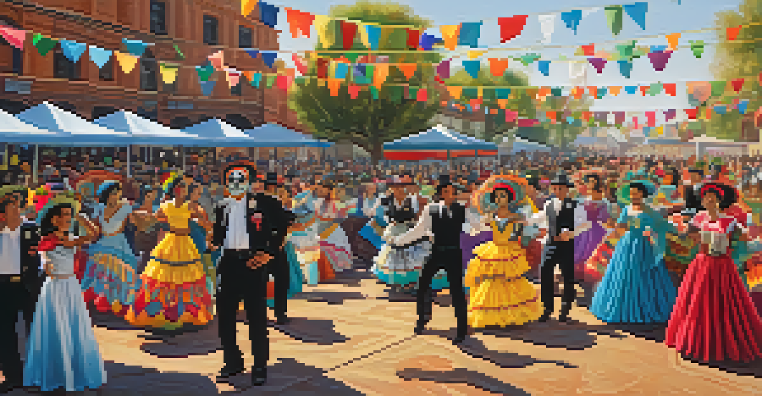 A lively Dia de los Muertos celebration with folklorico dancers performing in colorful attire and a diverse crowd enjoying the festivities.