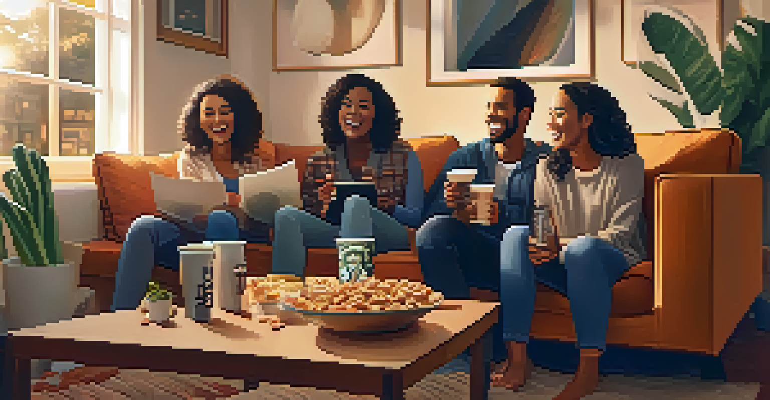A diverse group of friends enjoying a movie night together in a cozy living room with warm lighting and snacks.