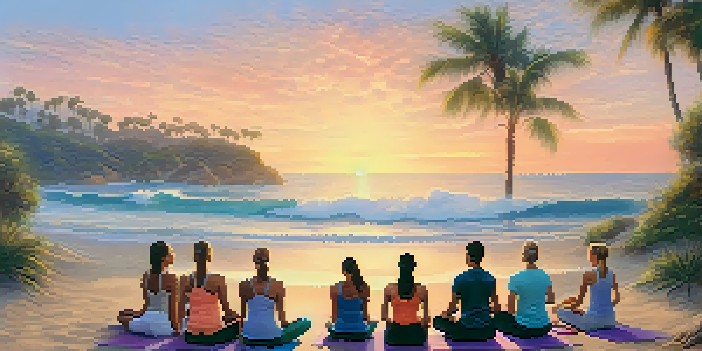 A peaceful beach yoga session at sunrise with participants practicing yoga poses on the sand, surrounded by greenery and calm ocean waters.