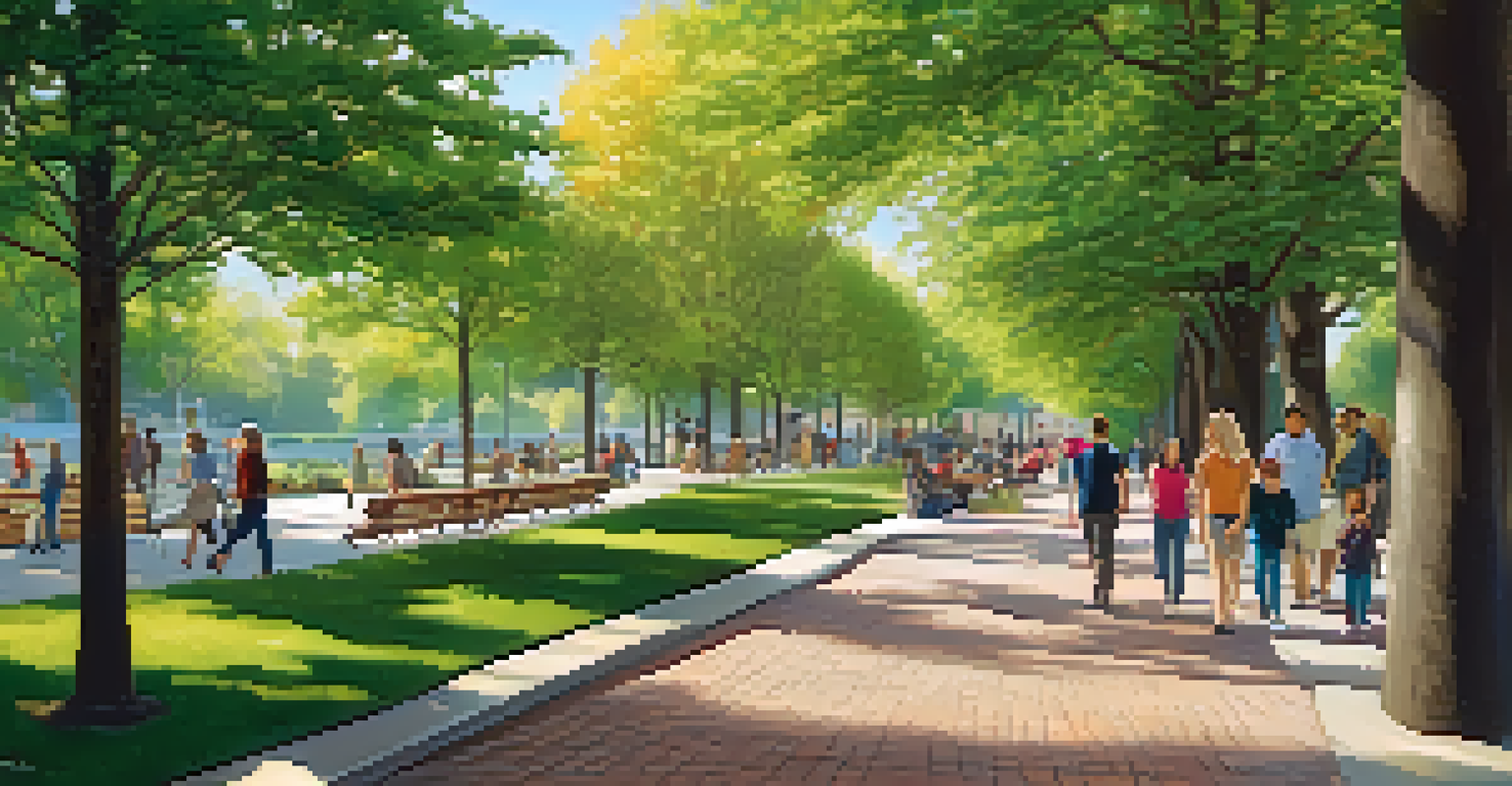 A beautiful urban park with tree-lined paths, people walking, and vibrant flower beds under dappled sunlight.
