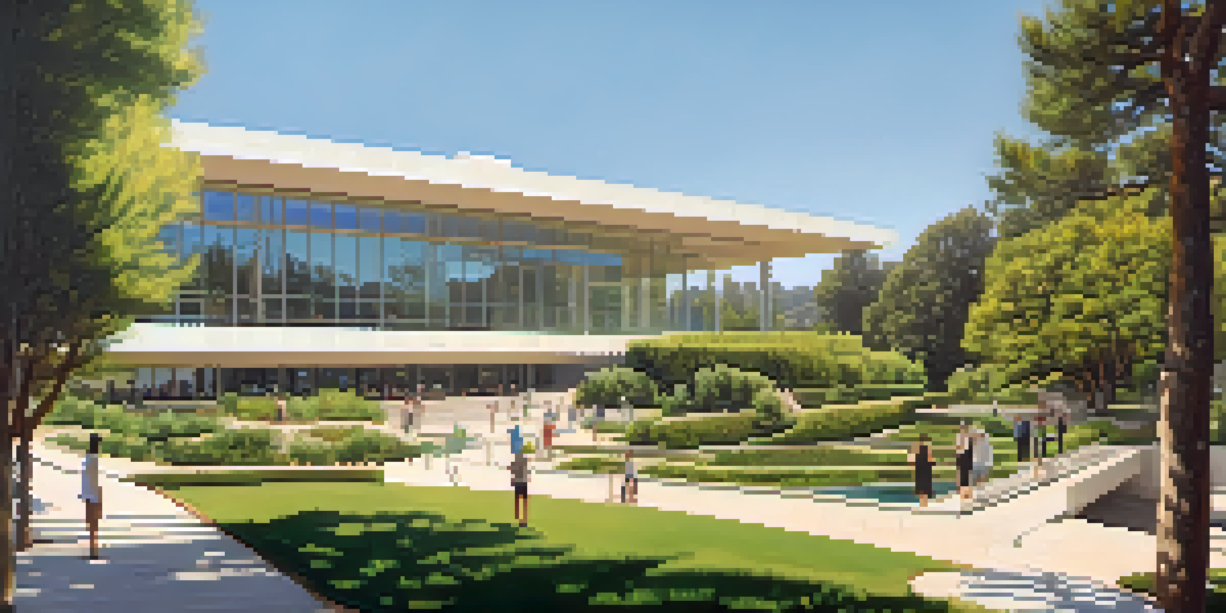 A scenic view of the Getty Center with modern architecture and lush gardens, sunlight creating shadows on pathways and visitors exploring.