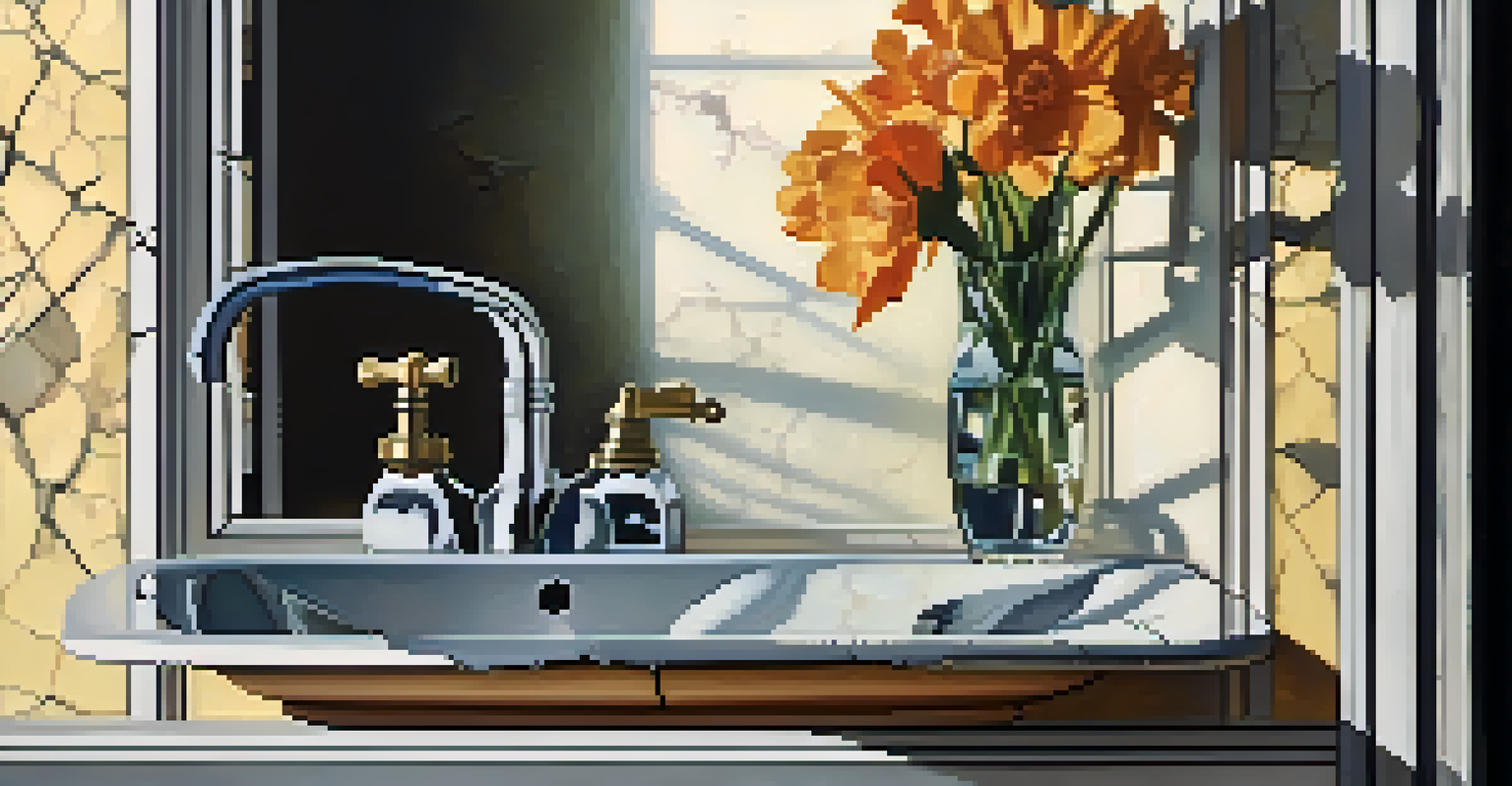 A close-up of a cracked bathroom mirror reflecting a flower vase, with water stains and an old faucet.
