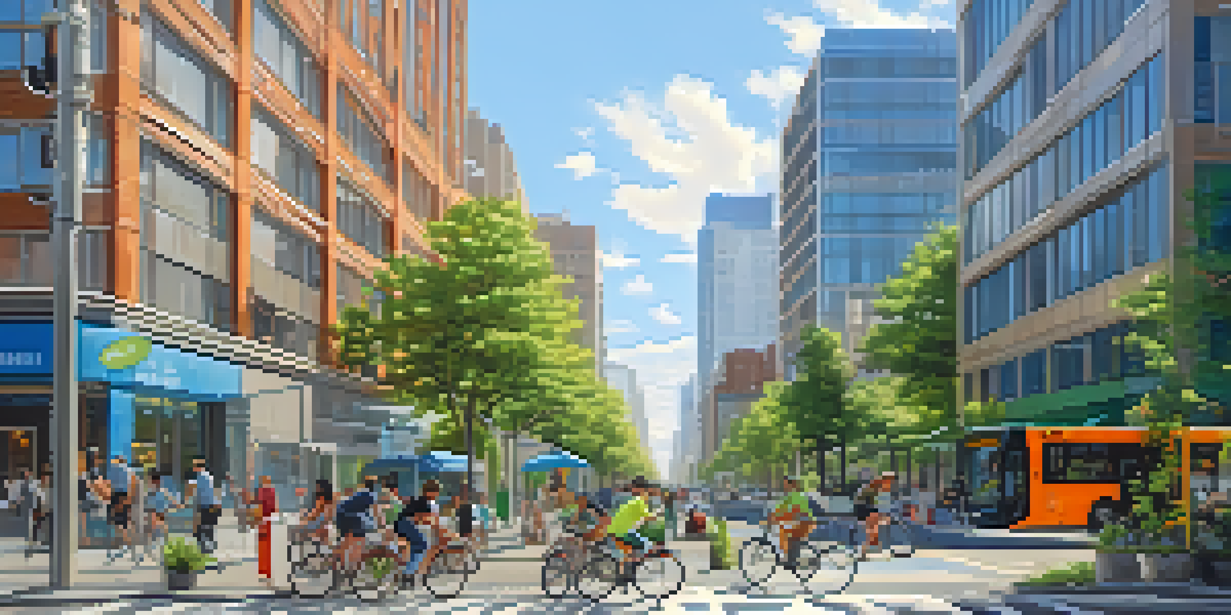 A busy city street showcasing sustainable transportation with cyclists, pedestrians, and electric buses, surrounded by greenery and modern architecture.