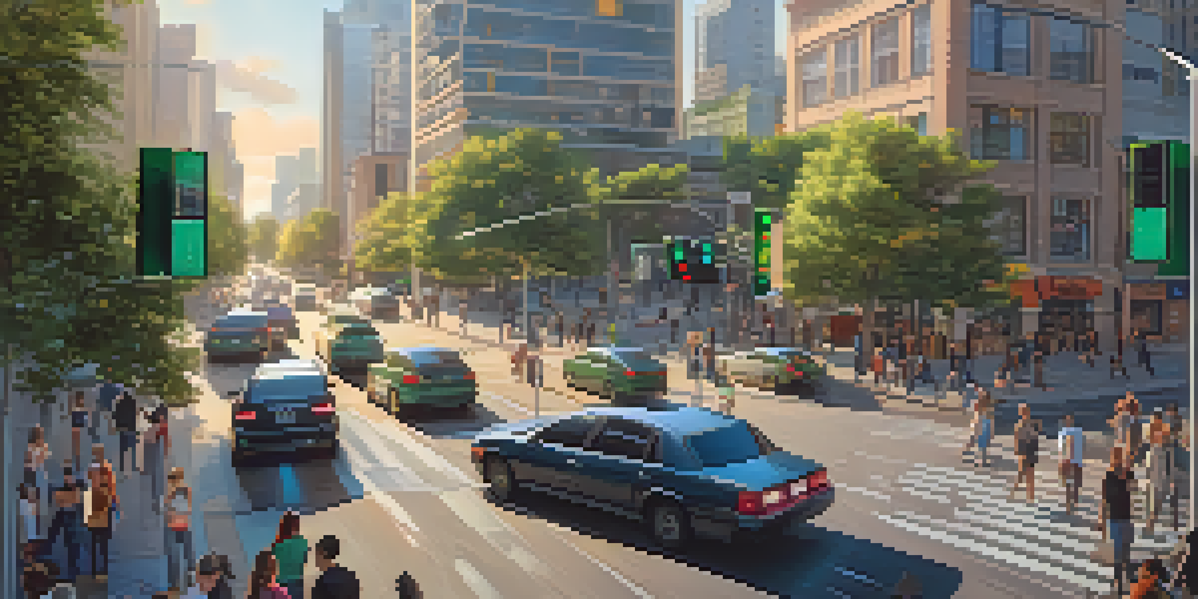 A busy city intersection with smart traffic lights adjusting to traffic flow, vehicles and pedestrians moving harmoniously under warm afternoon light.