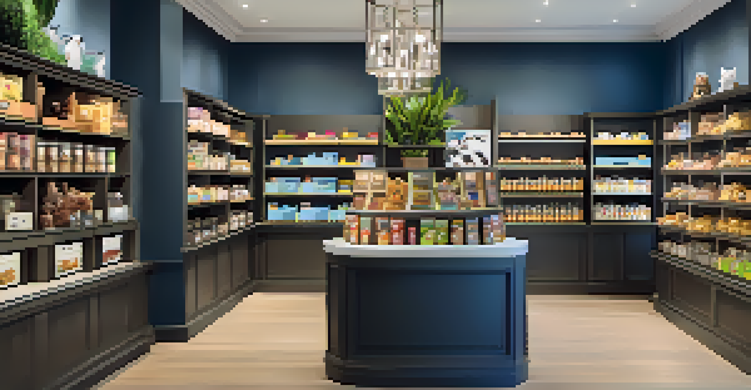 An elegant pet boutique filled with gourmet food and stylish pet accessories.